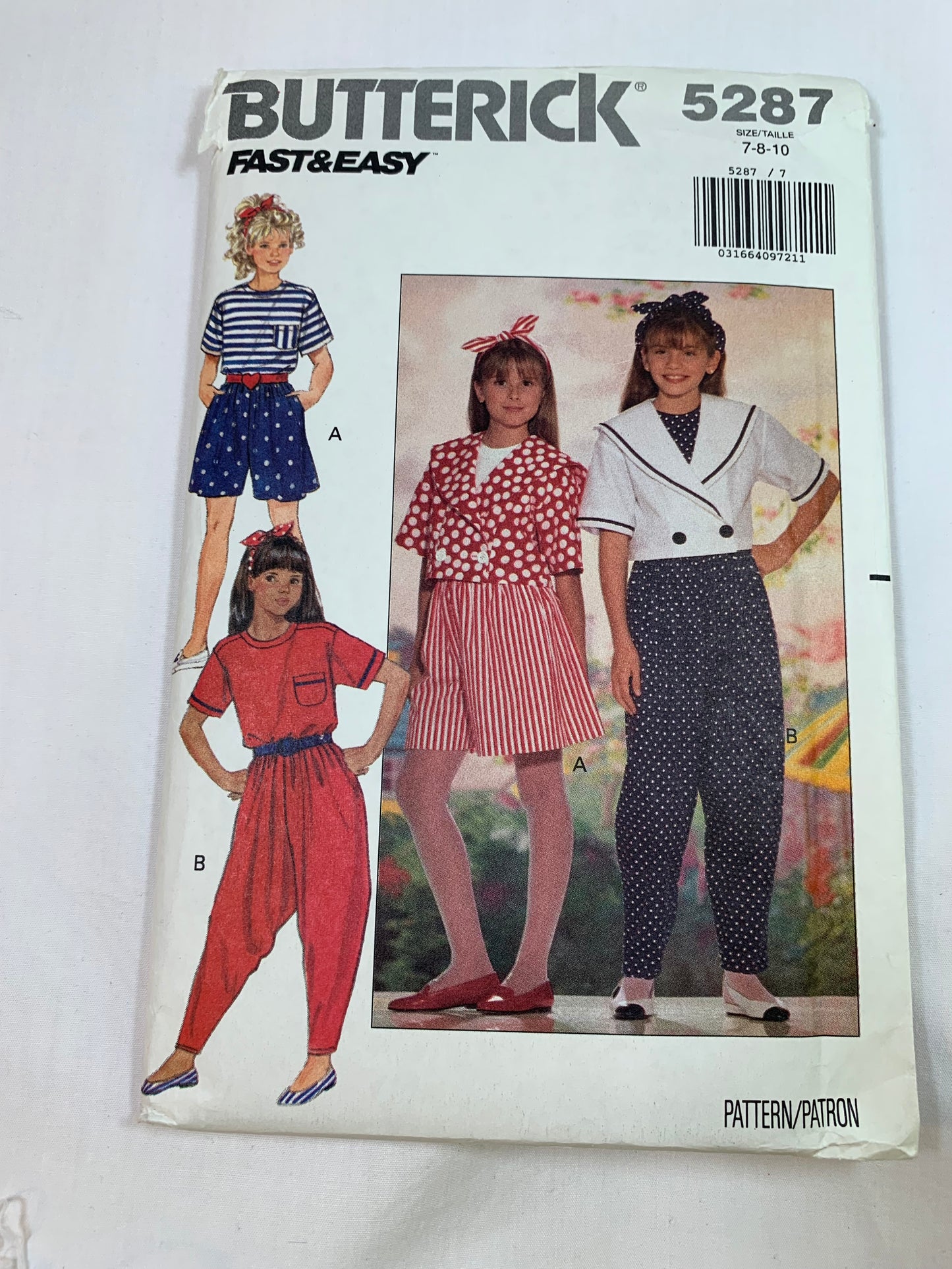 Butterick Sewing Pattern 5287 Girls' Jacket, Top, Shorts, Harem Pants, Headband, Loose-Fitting, Short Sleeves, Pockets, Size 7-10, Uncut, Vintage 1991