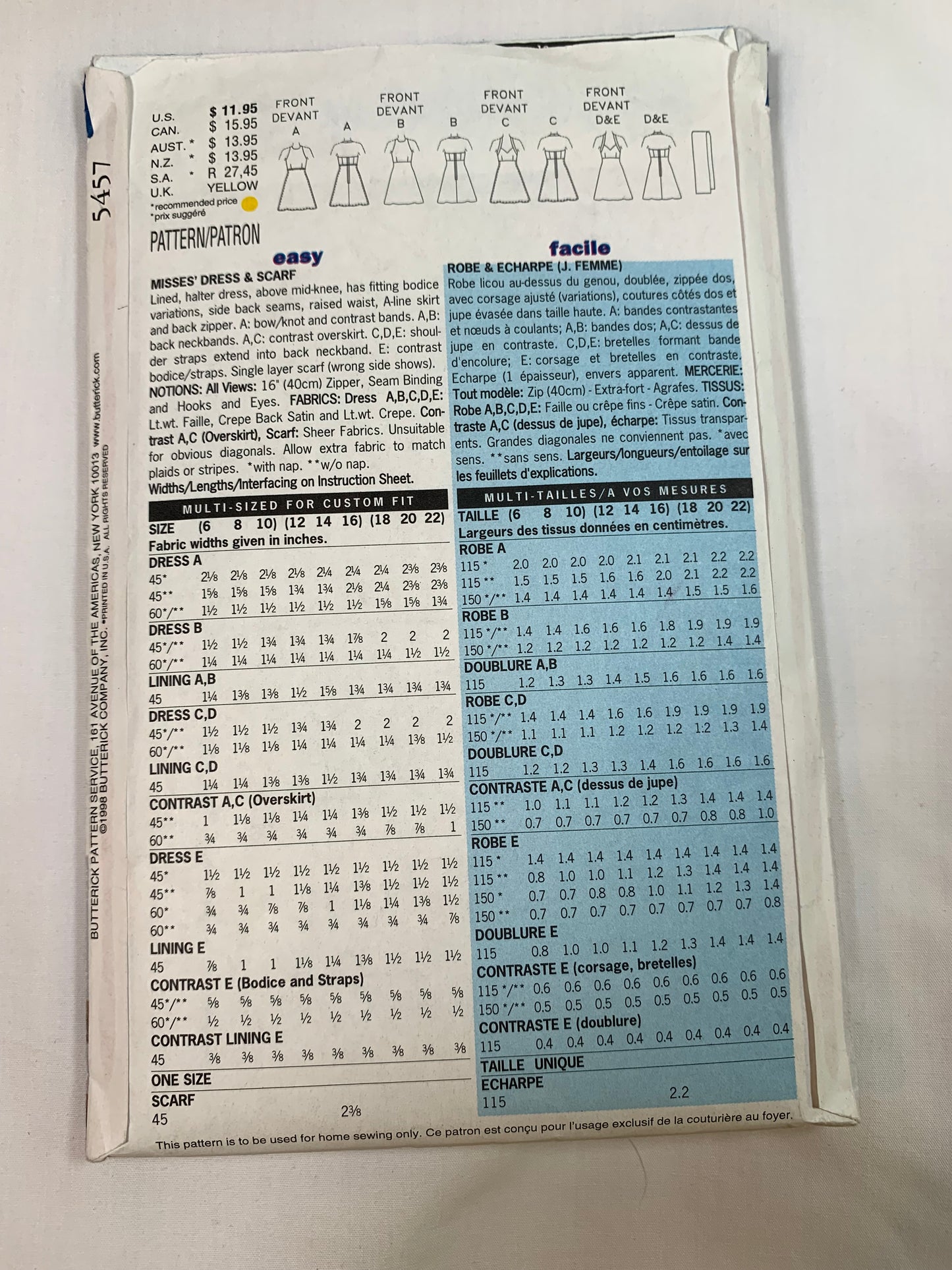 Butterick Sewing Pattern 5457 Misses' Halter Dress, Scarf, Fitted, Zipper, Shoulder Straps, Lined, Above Knee, A-Line, Size 12-16, Cut, Vintage 1998