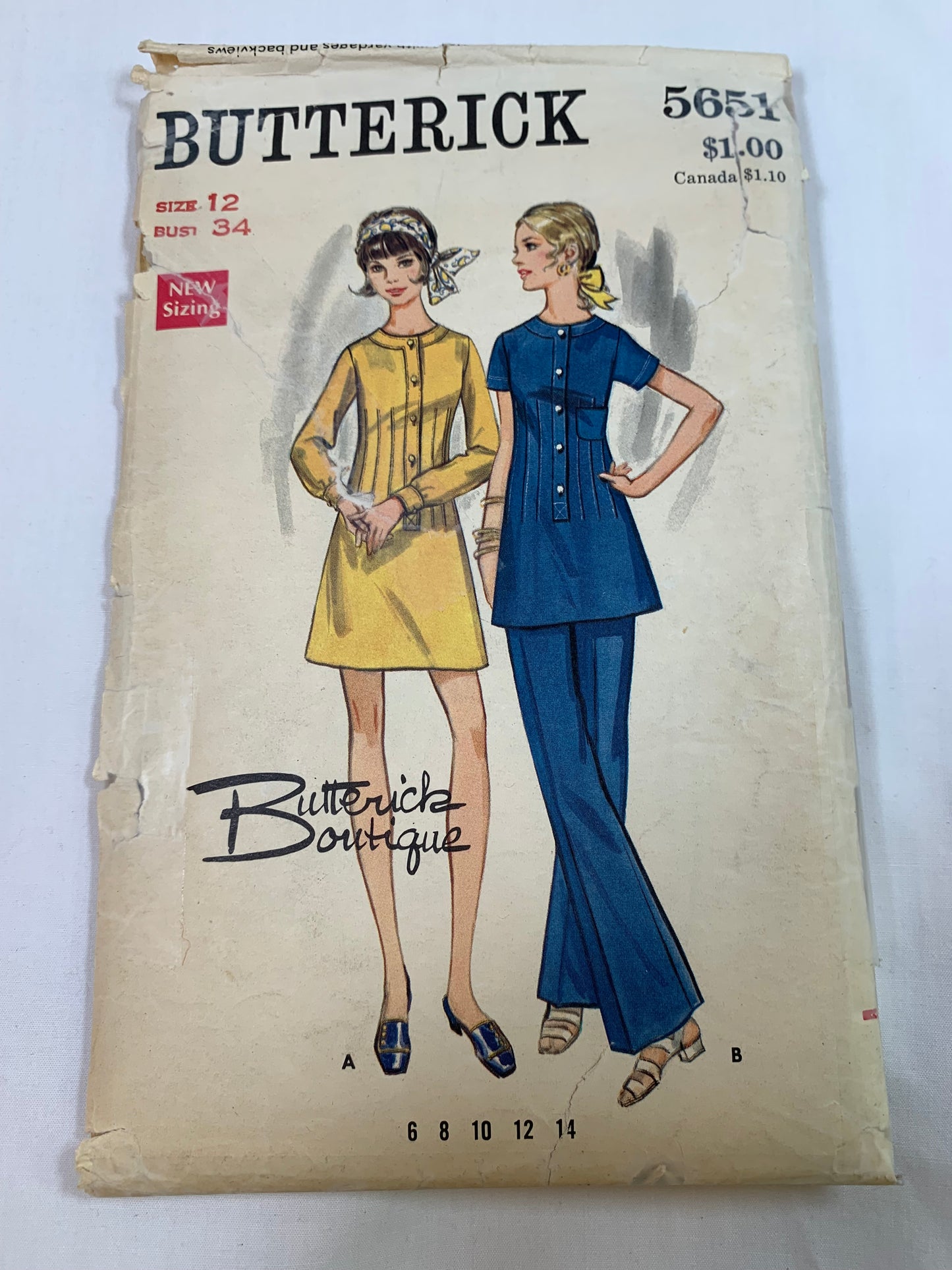 Butterick Sewing Pattern 5651 Misses' Pants, Dress, Semi-Fitted, A-Line, Long/Short Sleeves, Flared Pants, Zipper Back, Size 12, Cut, Vintage 1970