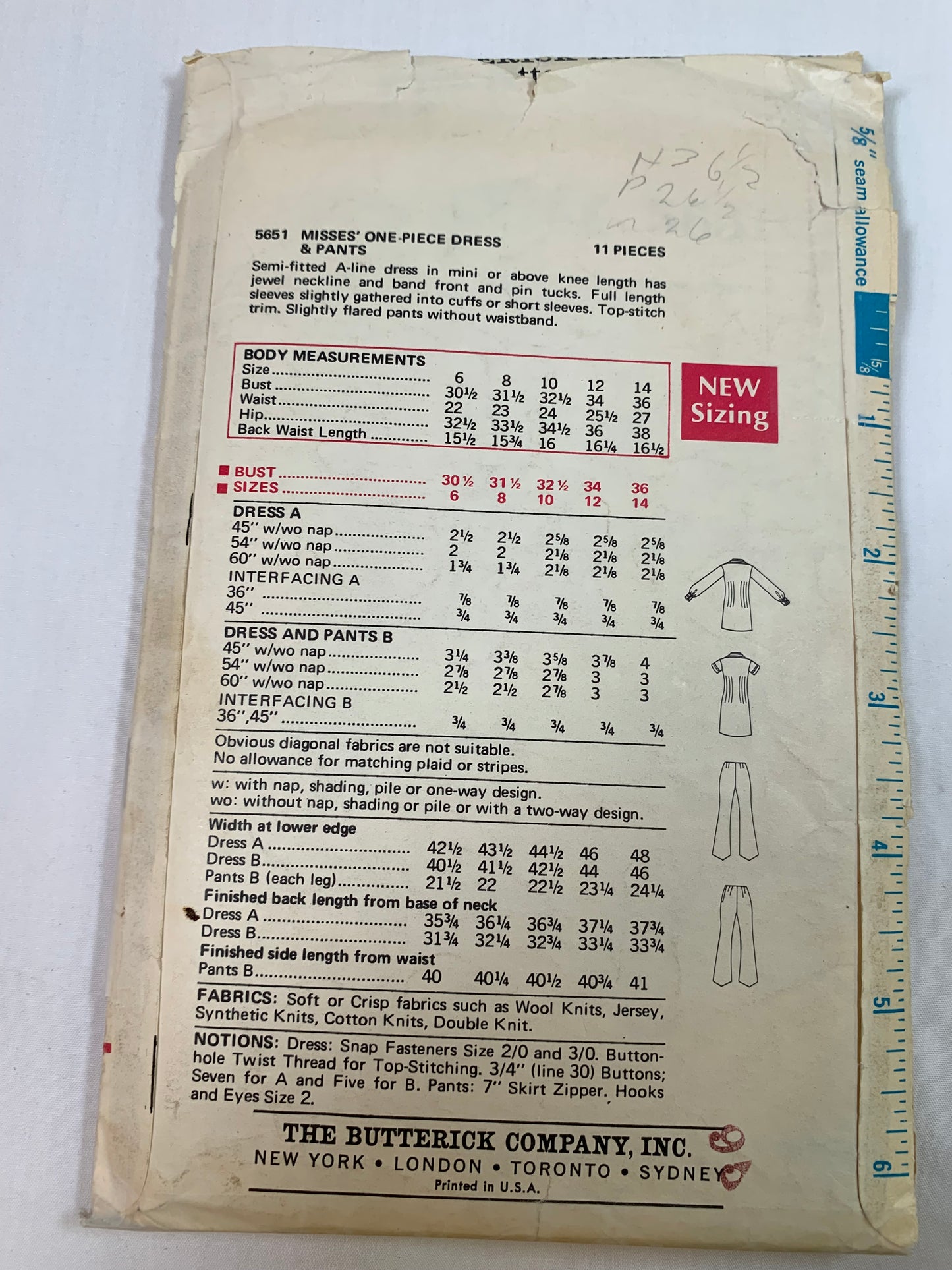 Butterick Sewing Pattern 5651 Misses' Pants, Dress, Semi-Fitted, A-Line, Long/Short Sleeves, Flared Pants, Zipper Back, Size 12, Cut, Vintage 1970