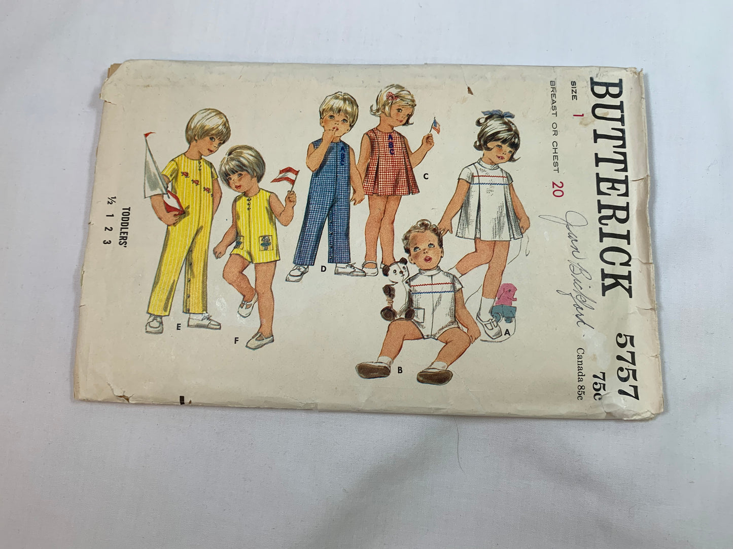 Butterick Sewing Pattern 5757 Toddler's One-Piece Dress or Playsuit, Semi-Fitted, Pleats, Collar, Pockets, Size 1, Cut, Vintage 1989