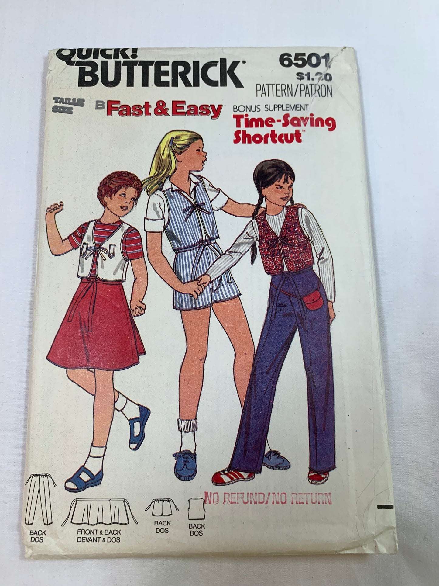 Butterick Sewing Pattern 6501 Girls' Vest, Skirt, Pants, Shorts, Fitted, Back Wrap, Elastic Waist, Tie Front, Size 8, Cut, Vintage 1980