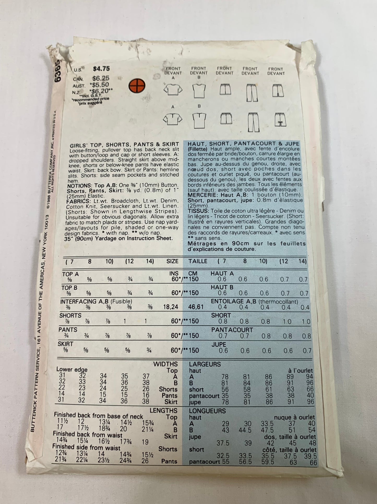 Butterick Sewing Pattern 6365 Girls' Shirt, Skirt, Pants, Shorts, Loose-Fitting, Short Sleeves, Elastic Waist, Sleeveless, Pullover, Pockets, Size 12-14, Cut, Vintage 1988