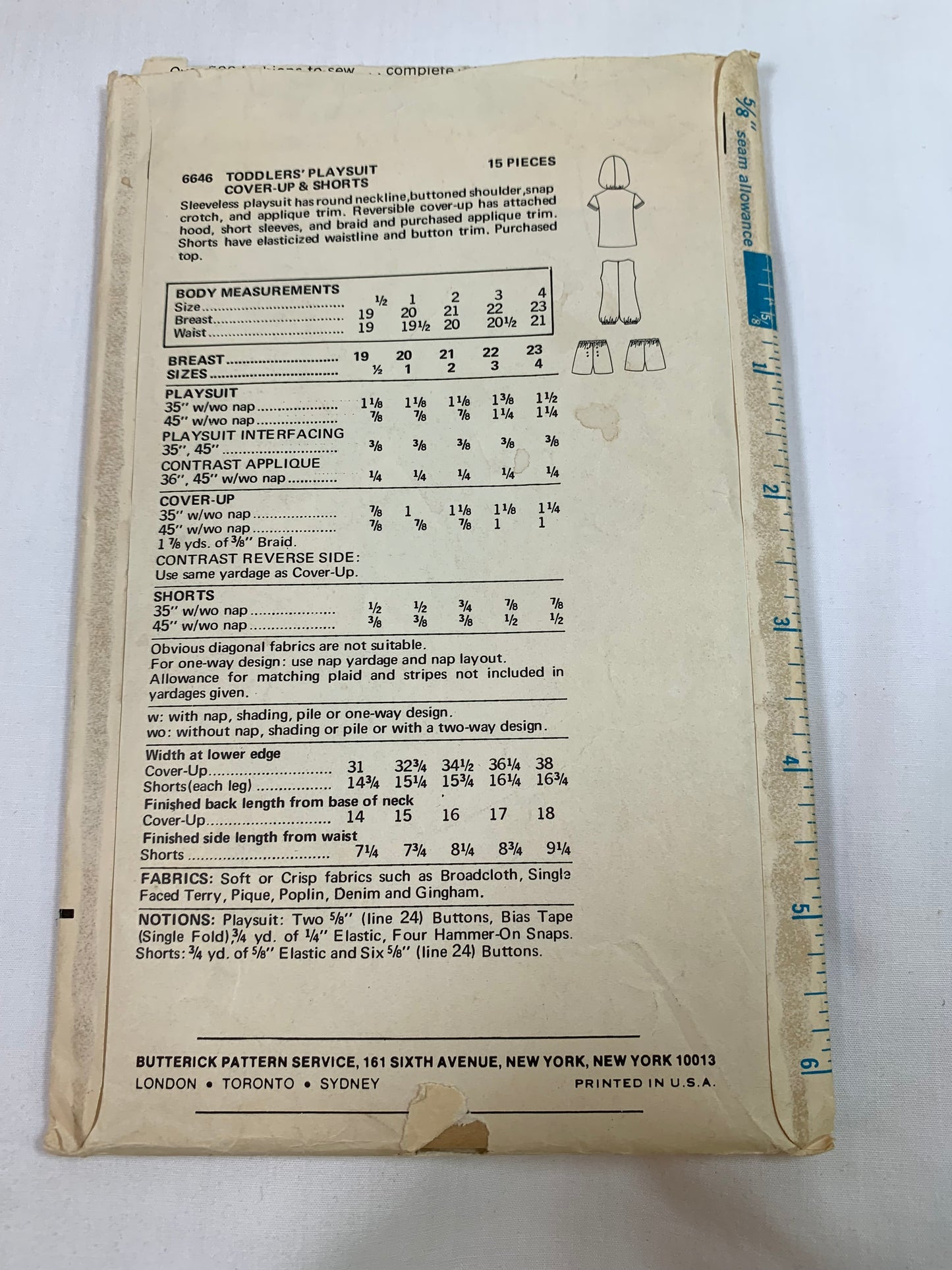 Butterick Sewing Pattern 6646 Toddler's Playsuit, Cover-Up, Shorts, Hood, Sleeveless, Short Sleeves, Elastic Waist, Size 1/2, Cut, Vintage 1985