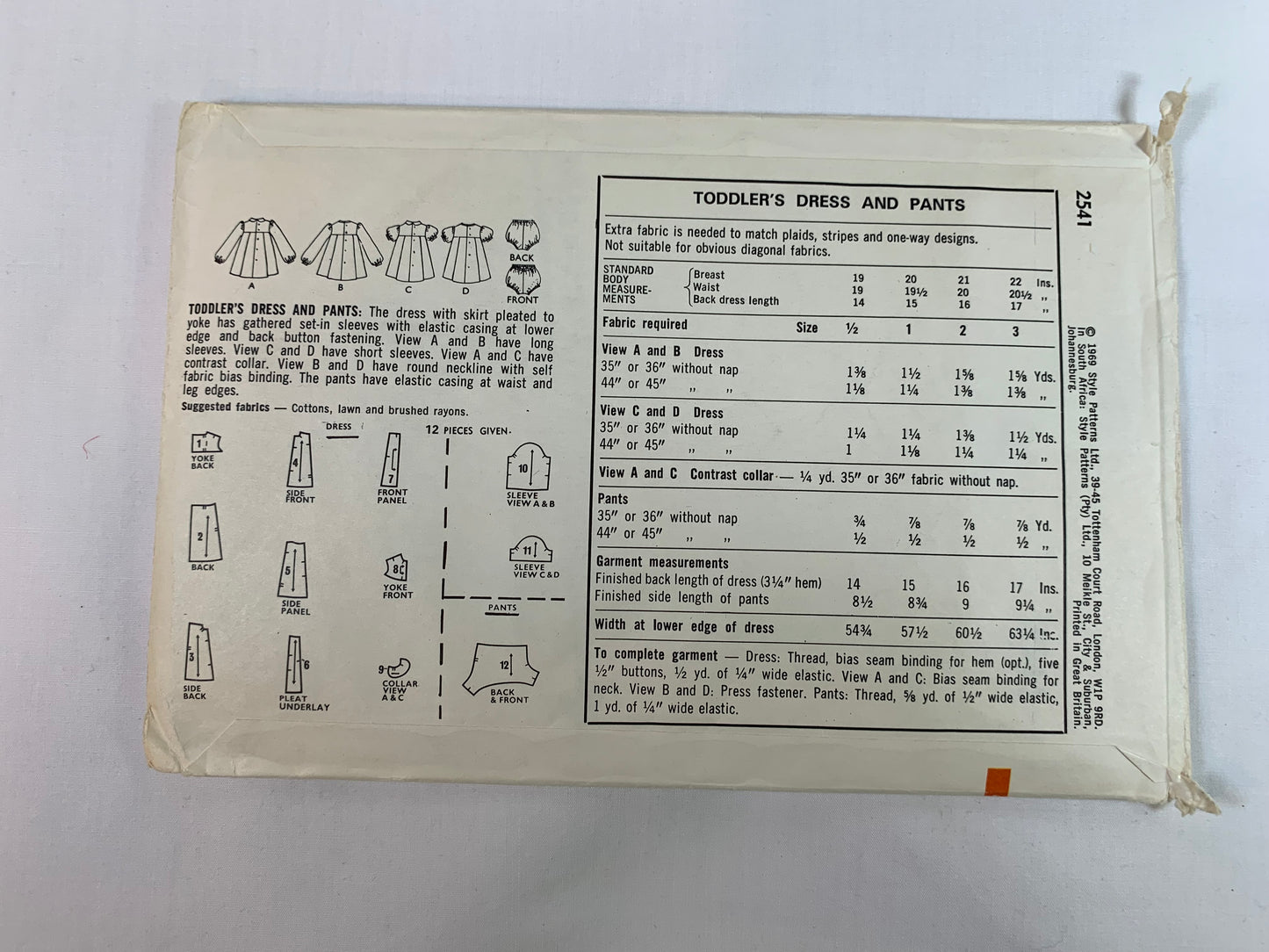 Style Sewing Pattern 2541 Toddlers' Dress, Pants, Button Back, Panties, Pleats, Long/Short Sleeves, Elastic Waist, Size 1, Cut, Vintage 1969