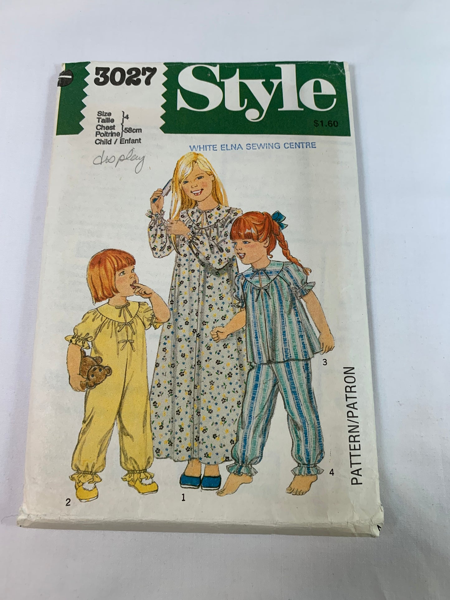 Style Sewing Pattern 3027 Girls' Nightdress, NIghtgown, Pajamas, Top, Pants, Frills, Elastic Waist, Long/Short Sleeves, Size 4, Cut, Vintage 1979