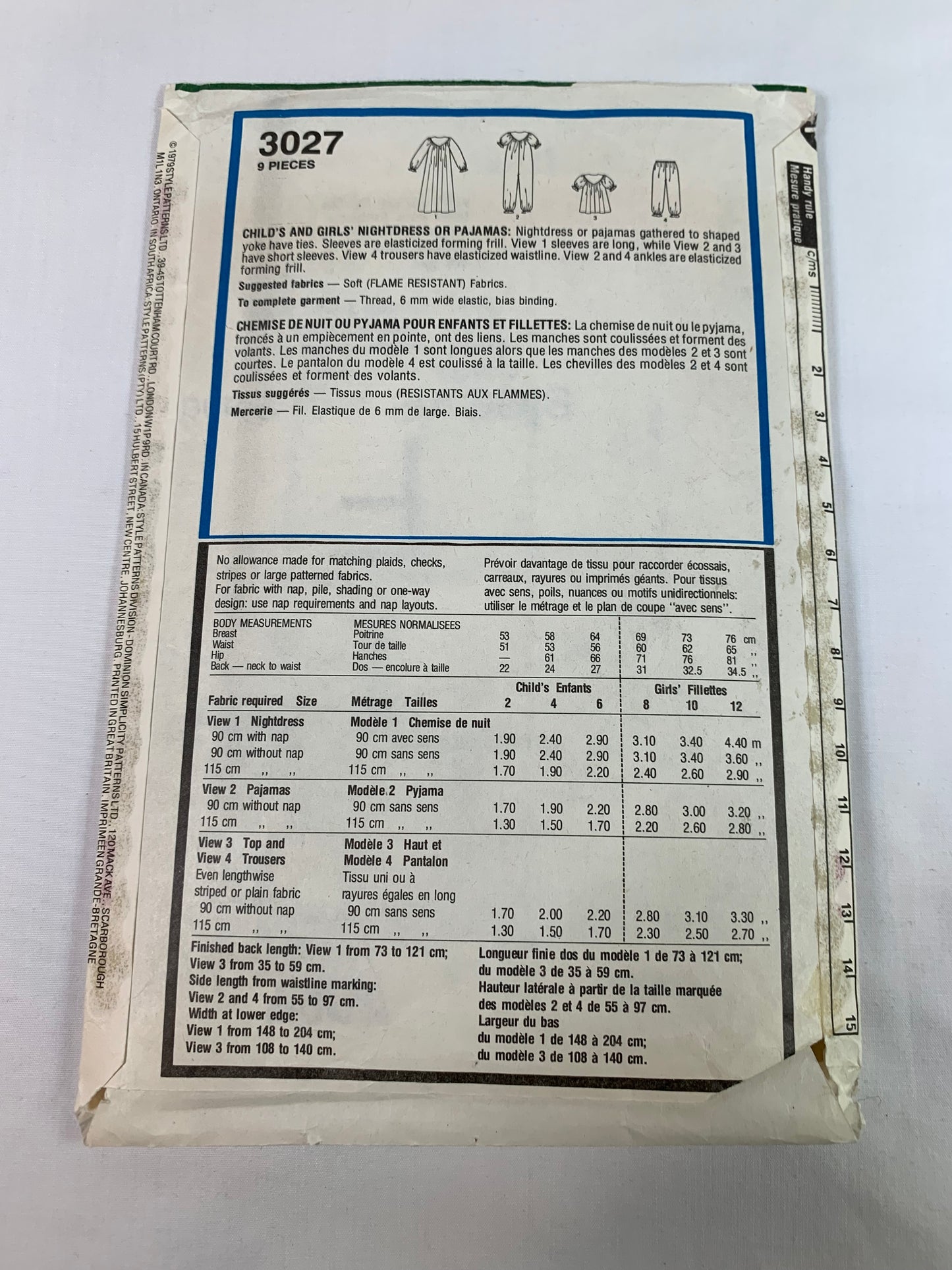 Style Sewing Pattern 3027 Girls' Nightdress, NIghtgown, Pajamas, Top, Pants, Frills, Elastic Waist, Long/Short Sleeves, Size 4, Cut, Vintage 1979