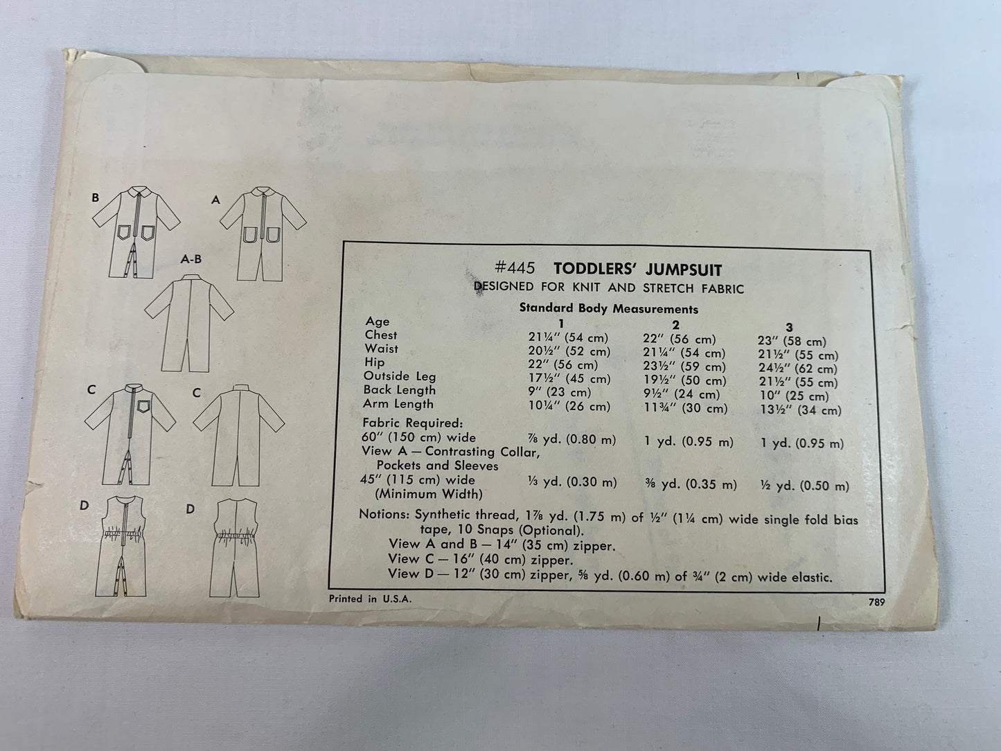 KWIK Sewing Pattern 445 Toddlers' Jumpsuit, Knit And Stretch Fabric, Pockets, Zipper, Snap Crotch, Size 1-3, Uncut, Vintage 1980