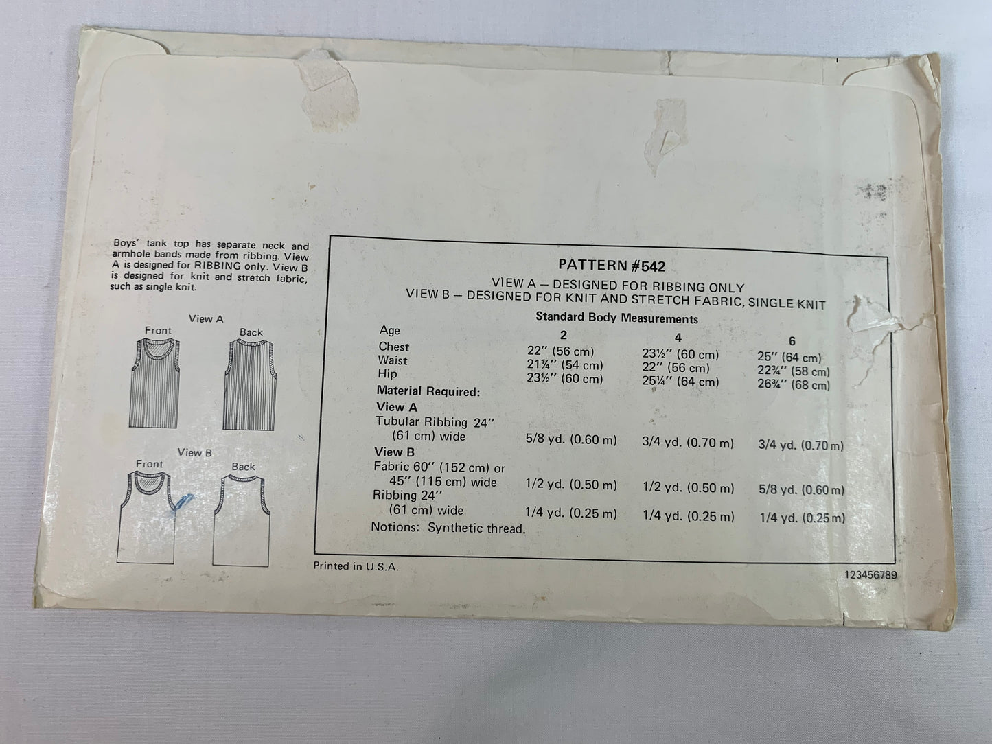 KWIK Sewing Pattern 542 Boy's Tank Top, Sleeveless, Pullover, Stretch Knit, Cut, Size 4-6, Vintage 1980