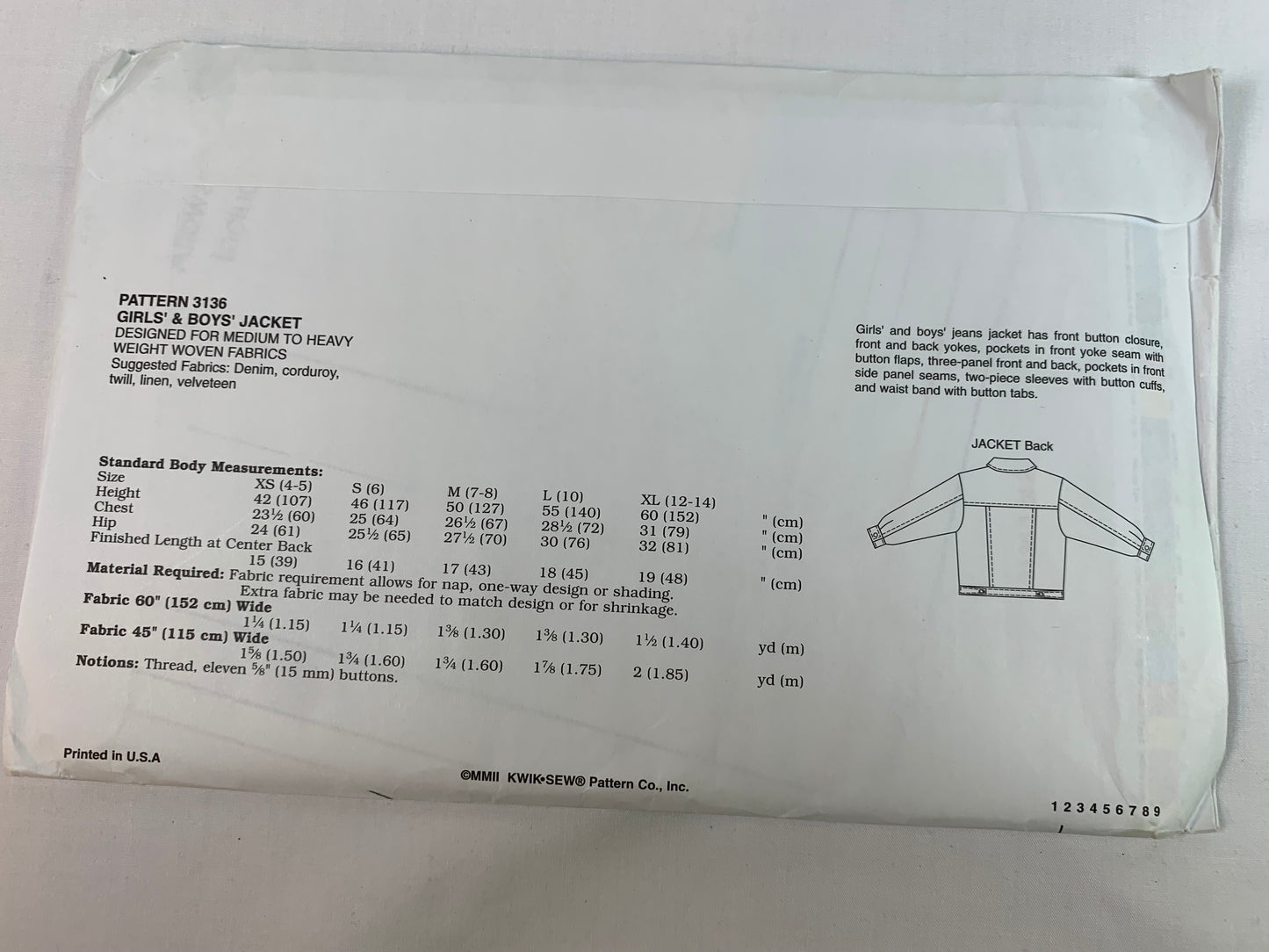 KWIK Sewing Pattern 3136 Boys'/Girls' Jacket, Coat, Long Sleeves, Button Front, Pockets, Collar, Uncut, Size 4-14, 2002