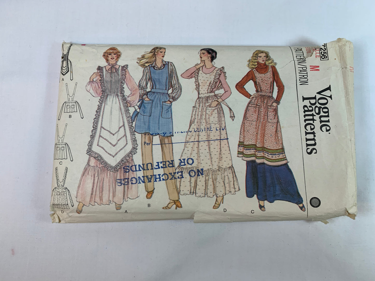 Vogue Sewing Pattern 7256 Misses' Aprons, Pockets, Tie Ends, Three Lengths, Over The Head, Ruffles, 4 Variations, Size 12-14, Cut, Vintage 1970