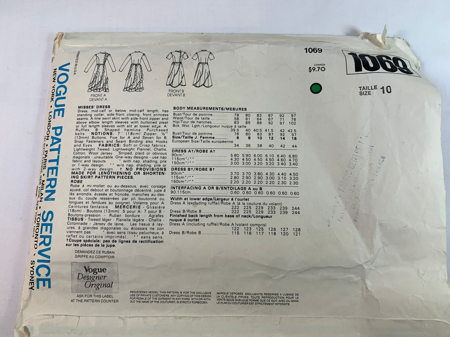 Vogue Bellville Sassoon Sewing Pattern 1069 Misses' Dress, Two Lengths, A-Line, Princess Seams, Sleeveless, Long/Short Sleeves, Size 10, Cut, 2006