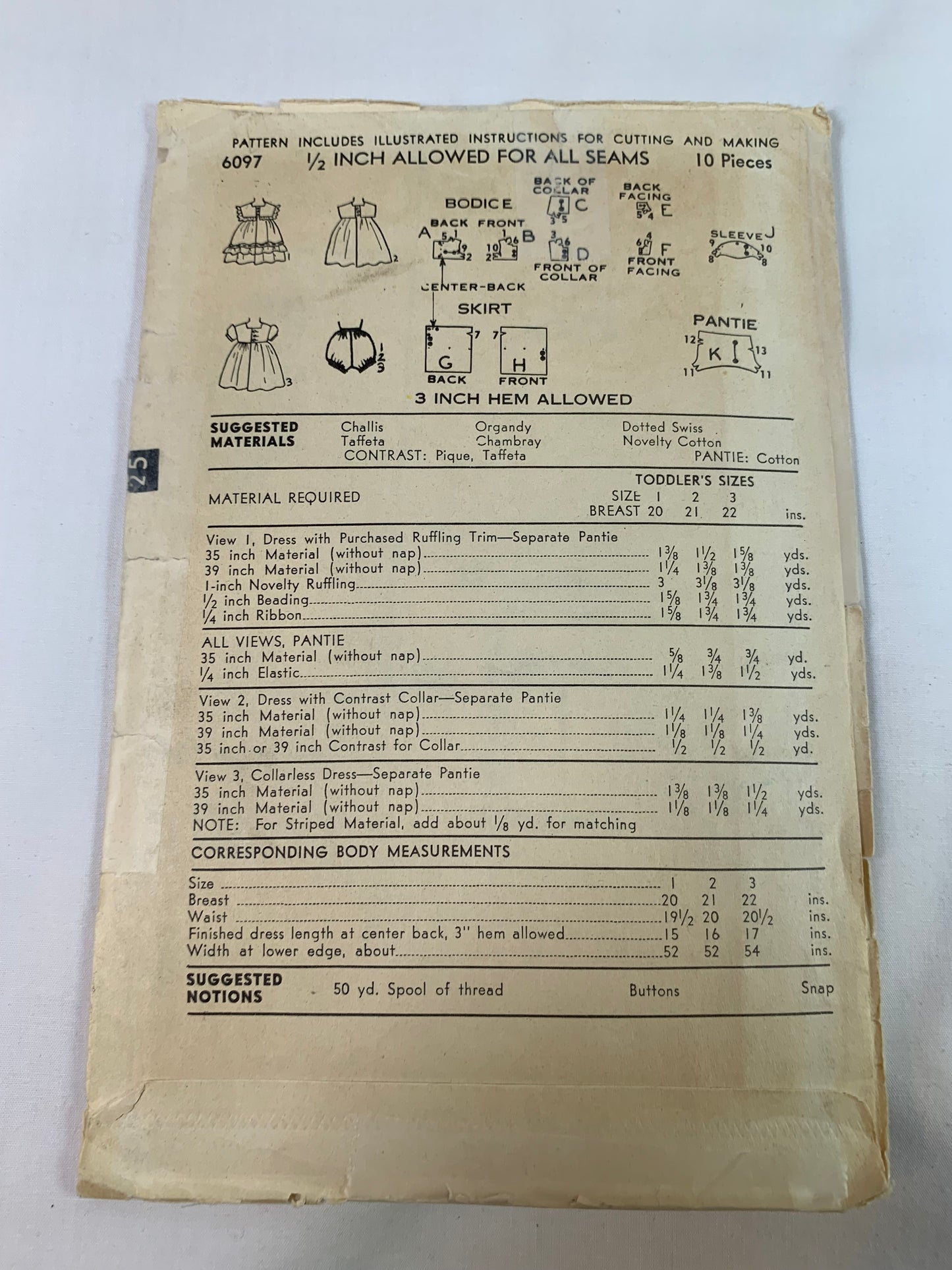Vintage Advance Sewing Pattern 6097 Girls' Dresses, Panties, 3 Variations, Short Sleeves, Sleeveless, Flared Skirt, Collar, Size 2, Cut, Vintage 1960