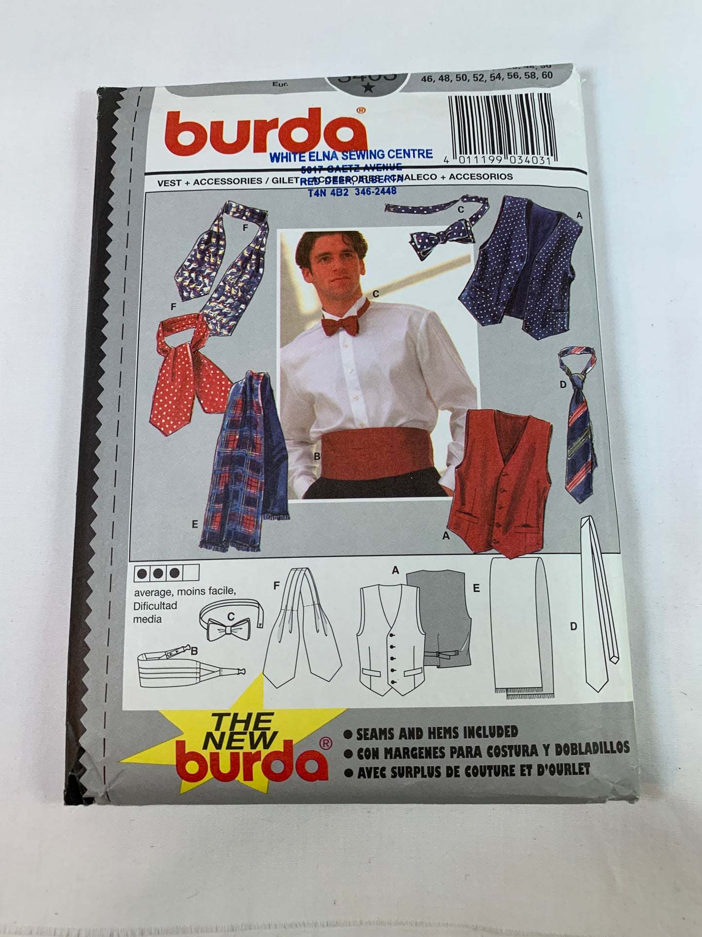 Burda Sewing Pattern 3403 Mens' Vest, Accessories, Necktie, Scarf, Bow Tie, Cummerbund, Ascot, Size 36-50, Cut, 2006