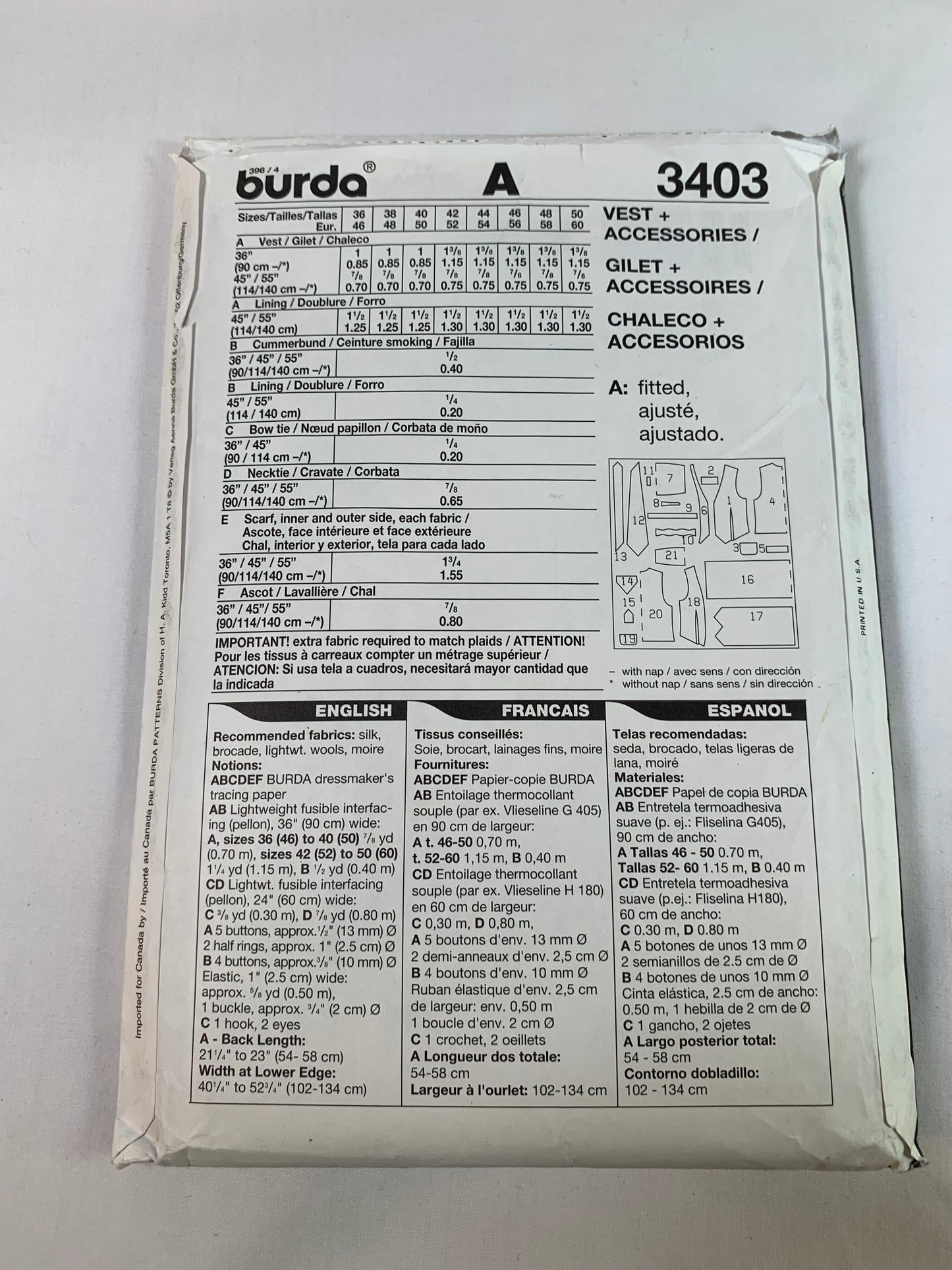 Burda Sewing Pattern 3403 Mens' Vest, Accessories, Necktie, Scarf, Bow Tie, Cummerbund, Ascot, Size 36-50, Cut, 2006