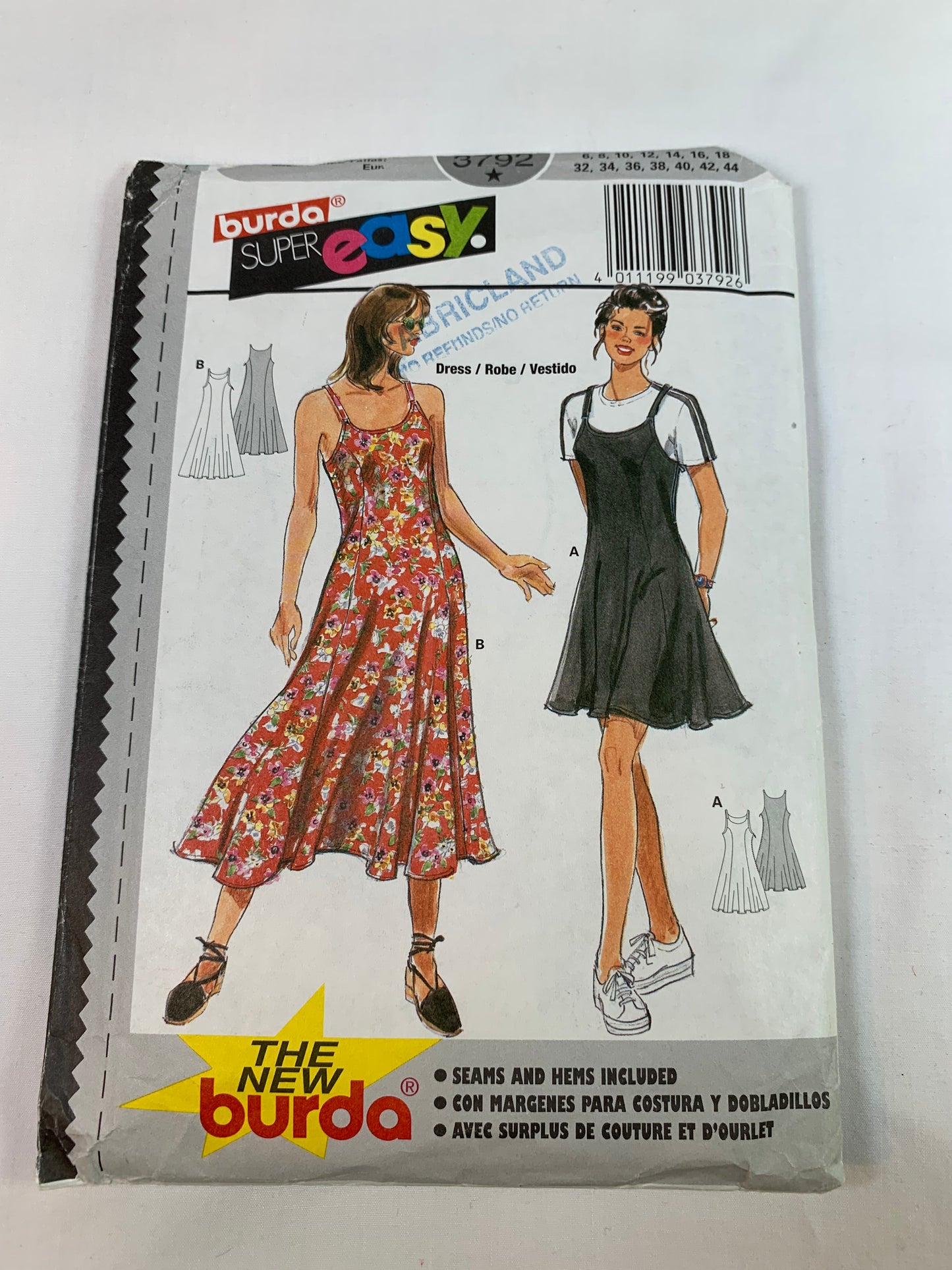 Burda Sewing Pattern 3792 Misses' Dress, Fitted, Shoulder Straps, Sleeveless, Two Lengths, Size 6-14, Cut, 2000