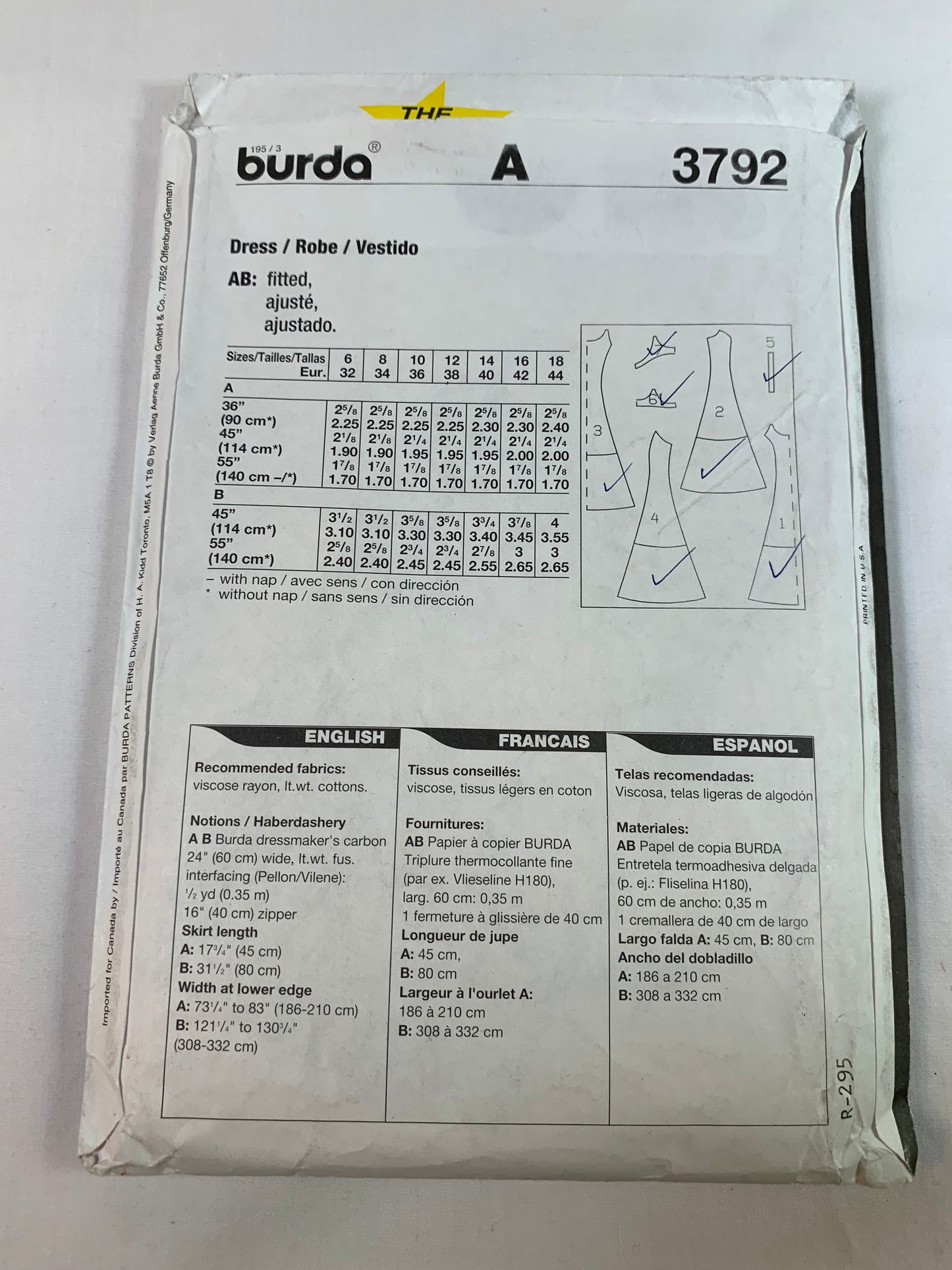 Burda Sewing Pattern 3792 Misses' Dress, Fitted, Shoulder Straps, Sleeveless, Two Lengths, Size 6-14, Cut, 2000