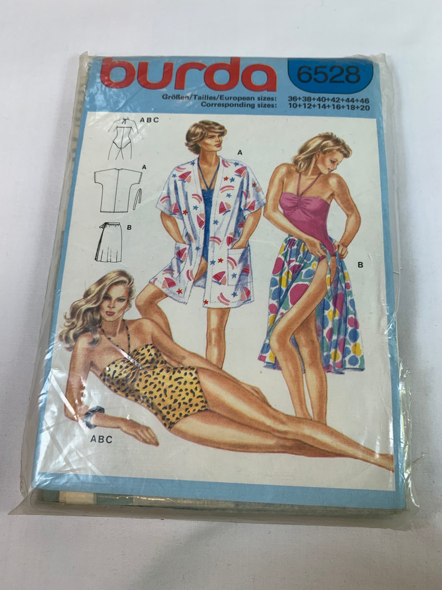 Burda Sewing Pattern 6528 Misses' Beach Coordinates, Top, Bottoms, Swimsuit, Jacket, Skirt, Pockets, Side Tie, 3 Variations, Cover Up, Size 10-20, Cut, 2000