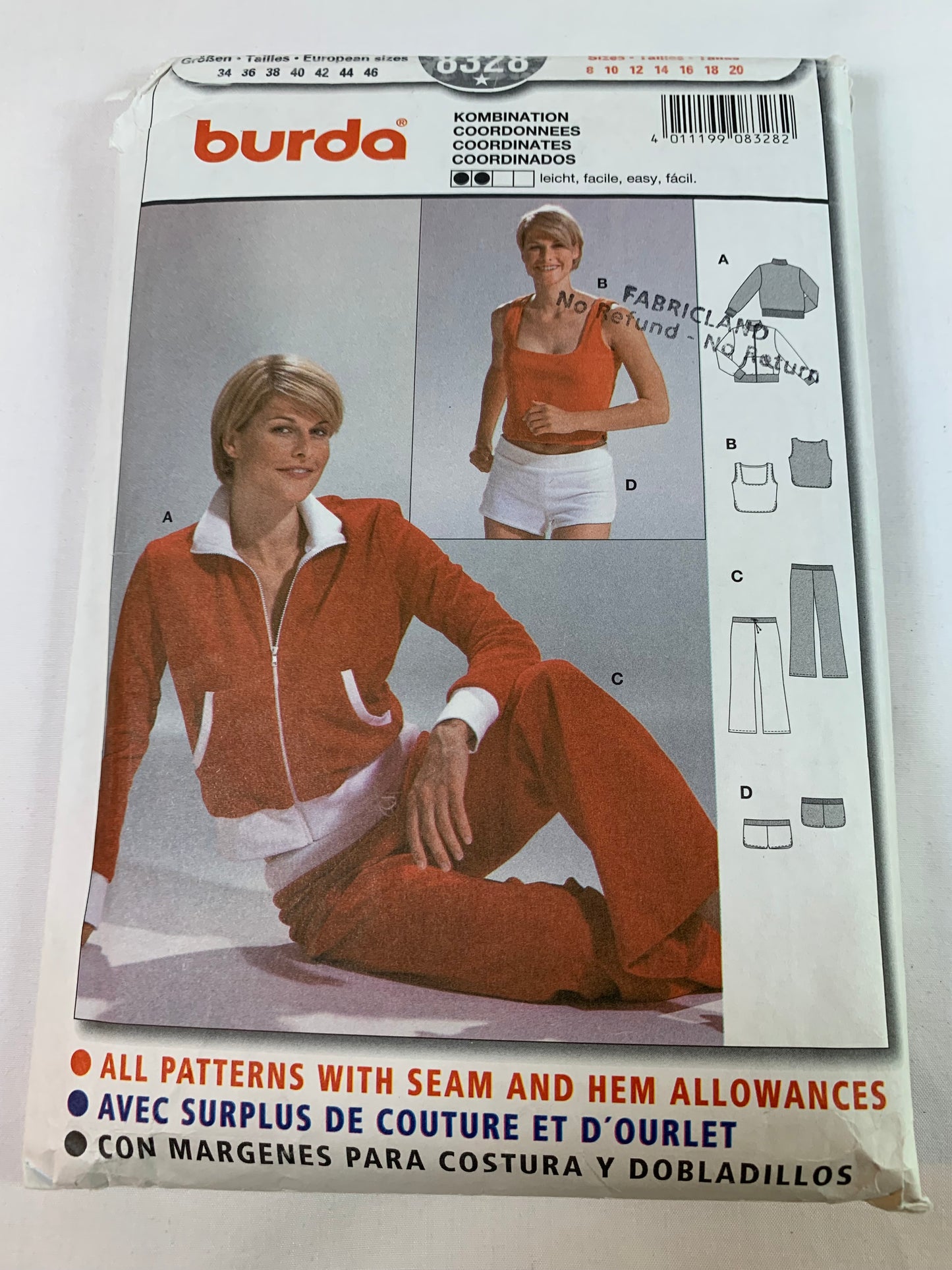 Burda Sewing Pattern 8328 Misses' Jacket, Pants, Tops, Shorts, Semi-Fitted, Elastic Waist, Zipper Front, 4 Variations, Size 8-20, Cut, Vintage 1990