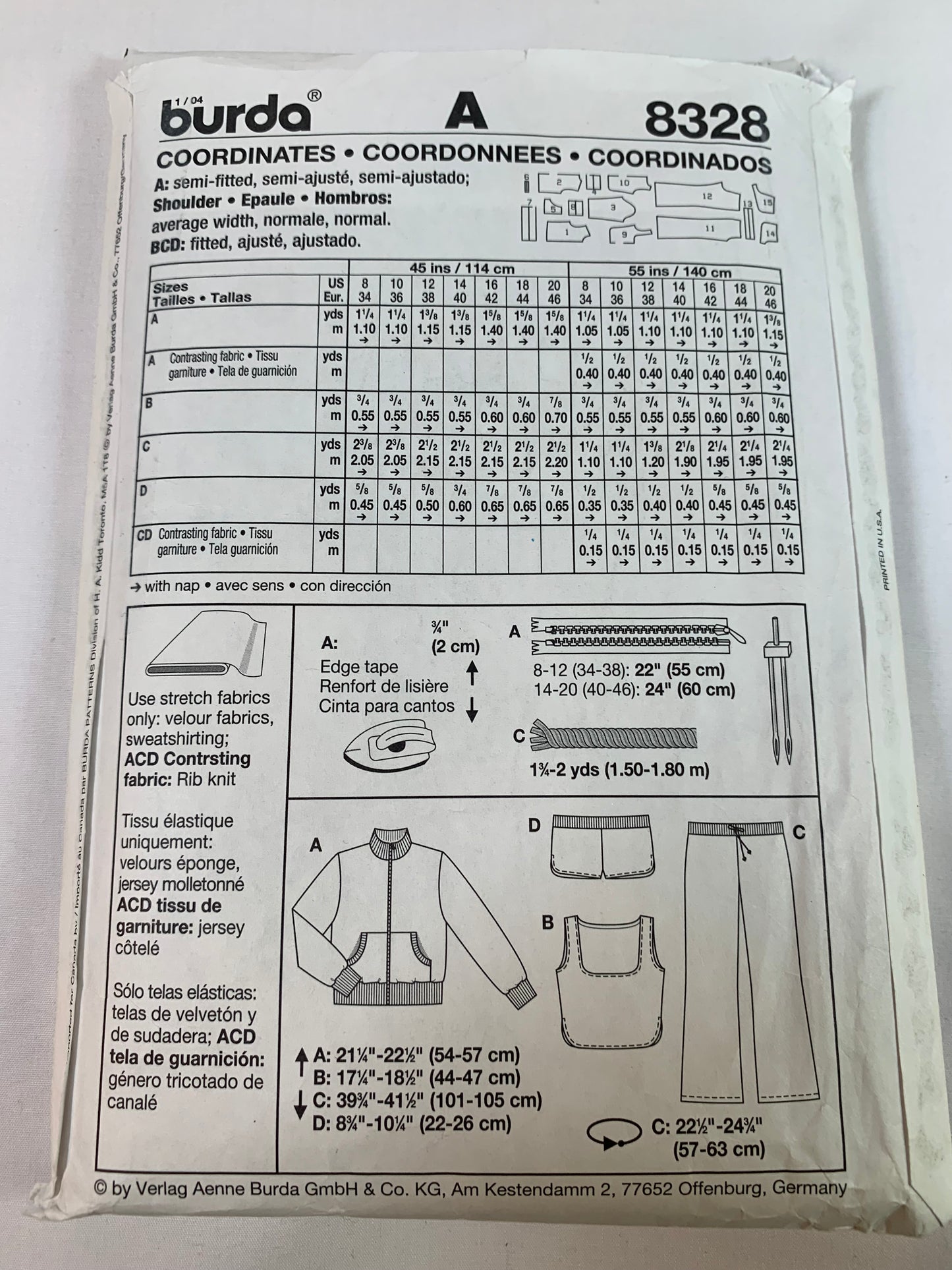 Burda Sewing Pattern 8328 Misses' Jacket, Pants, Tops, Shorts, Semi-Fitted, Elastic Waist, Zipper Front, 4 Variations, Size 8-20, Cut, Vintage 1990