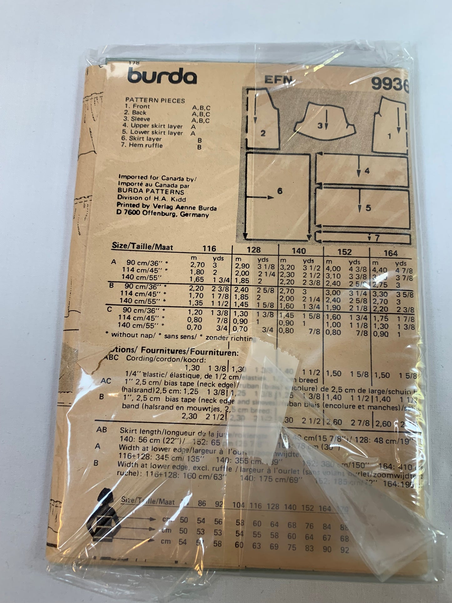 Burda Sewing Pattern 9936 Girls' Dress, Short Sleeves, Elastic Waist, 3 Variations, Round Neckline, Pullover, Ruffles, Size 6-10, Cut, 2000