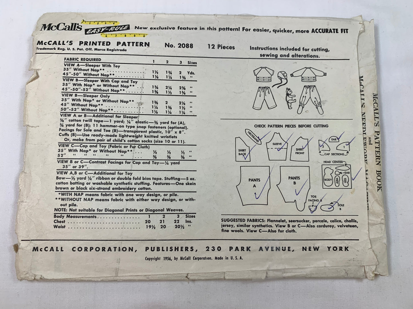 McCall's Sewing Pattern 2088 Toddlers'/ Infant's/Children's Two Piece Sleeper, Cap, Stuffed Toy Bear, Elastic Waist, Size 2, Cut, Vintage 1950