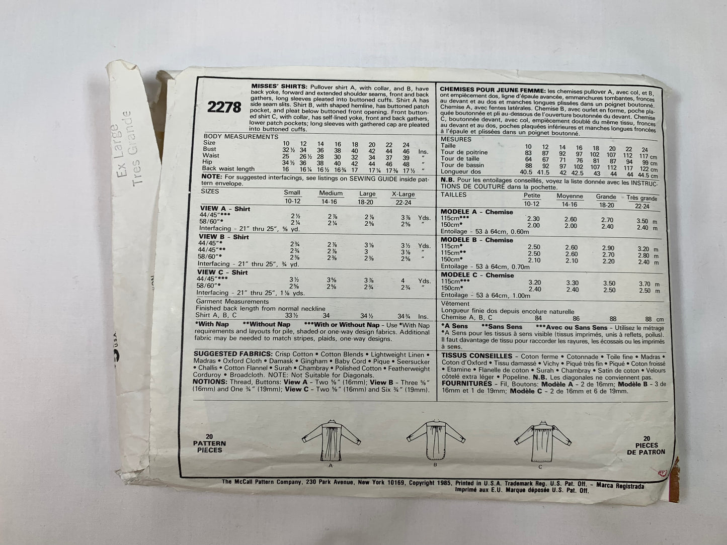 McCall's Sewing Pattern 2278 Misses' Blouse, Long Sleeves, Pocket, Shirts, Pullover, Pleats, Side Slits, Size 22-24, Cut, Vintage 1985