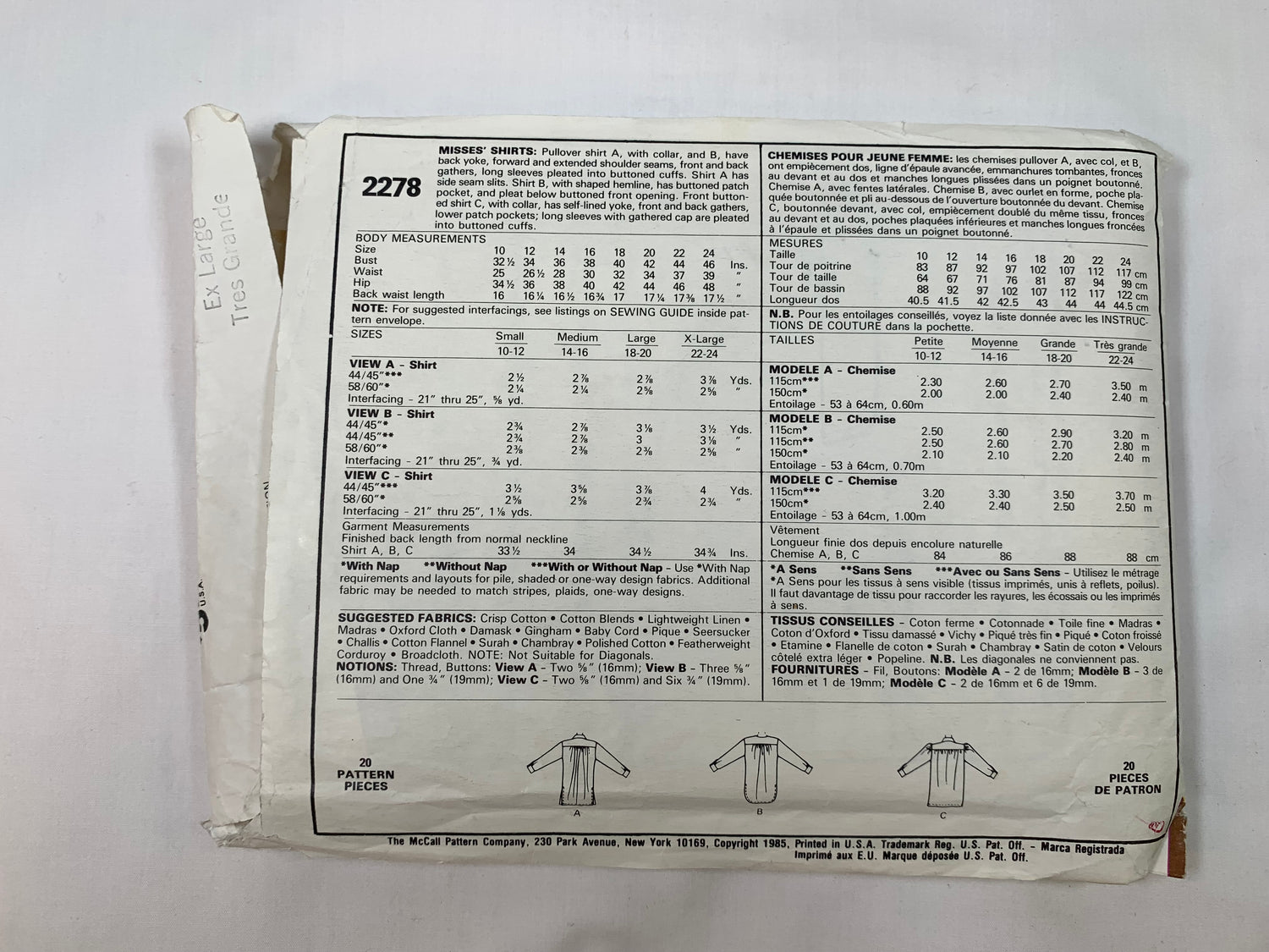 McCall's Sewing Pattern 2278 Misses' Blouse, Long Sleeves, Pocket, Shirts, Pullover, Pleats, Side Slits, Size 22-24, Cut, Vintage 1985
