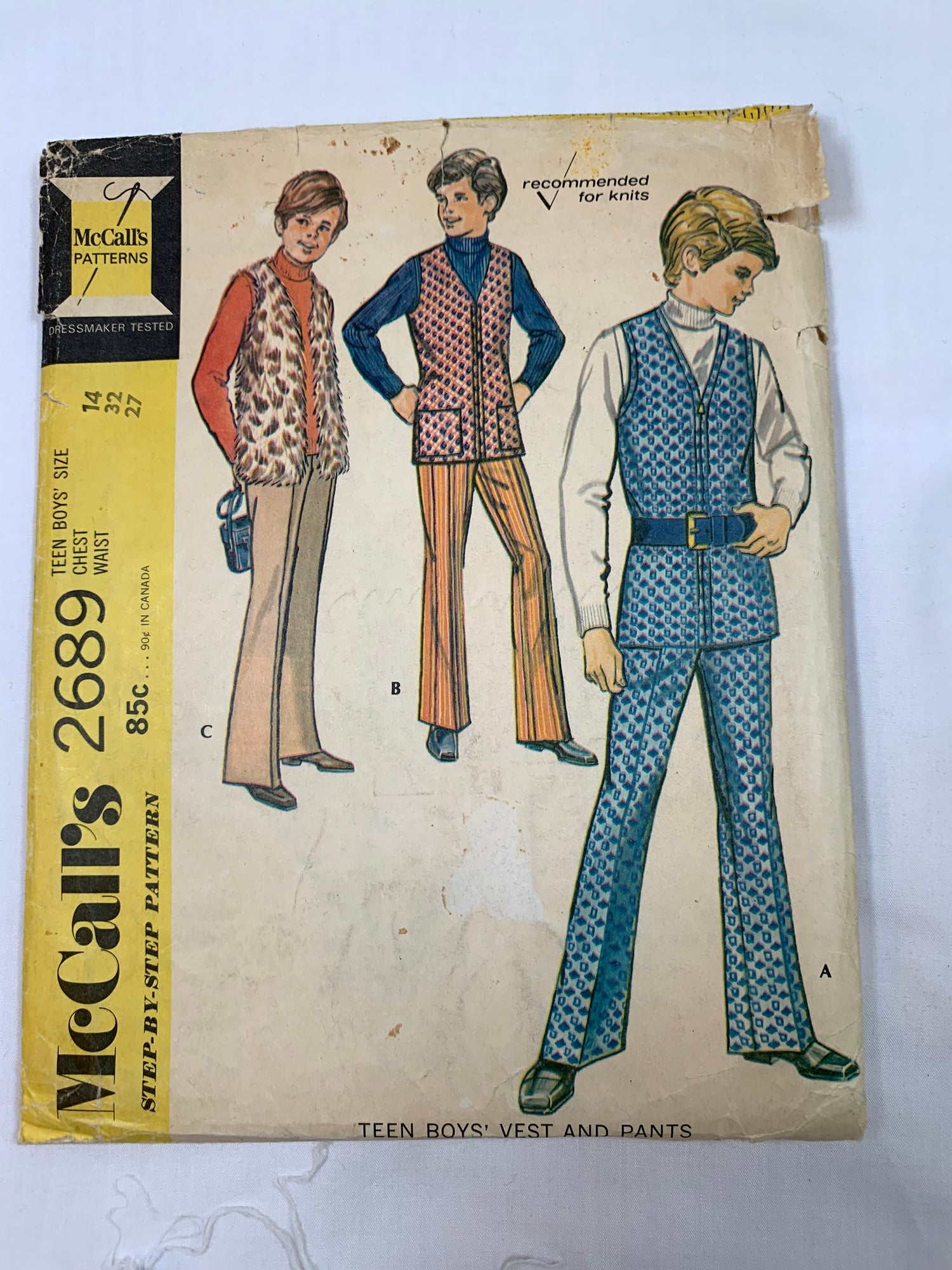 McCall's Sewing Pattern 2689 Teen Boys' Vest, Pants, Zipper Front, Pockets, Lined, Size 14, Cut, Vintage 1970