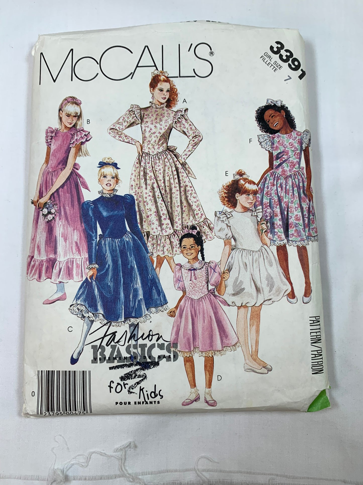 McCall's Sewing Pattern 3391 Girls' Dresses, Petticoat, Low Waist, Long/Short Sleeves, Zipper Back, Flared Skirt, Ruffles, Tie Back, Size 7, Cut, Vintage 1987