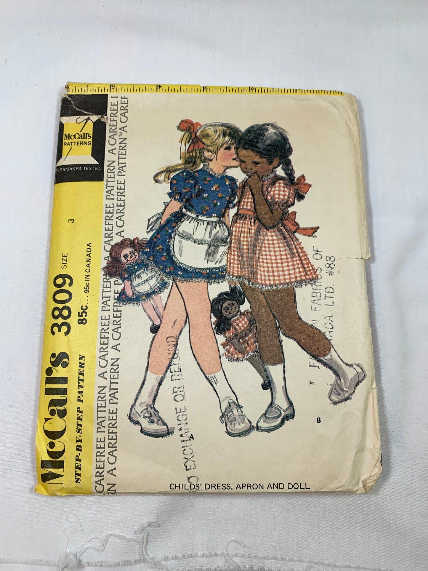 McCalls Sewing Pattern 3809 Girls' Dress, Apron, 15 " Doll, Zipper Back, Short Sleeves, Pocket, Tie Belt, Ruffles, Size 3, Cut, Vintage 1973