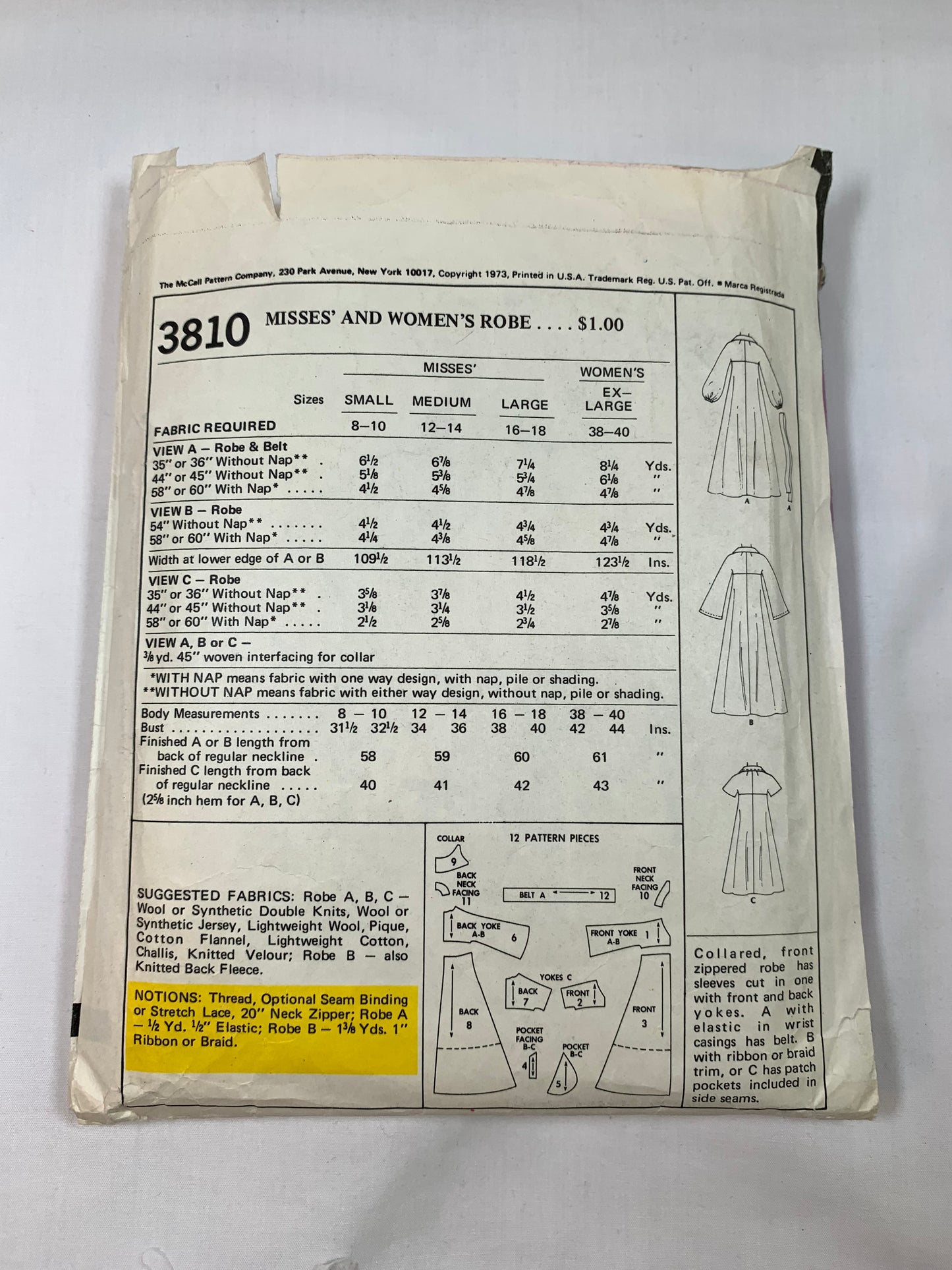 McCall's Sewing Pattern 3810 Misses' Robe, Loungewear, Zipper Front, Long/Short Sleeves, Pockets, Tie Belt, Collar, Loose-Fitting, Size 42-44, Cut, Vintage 1973