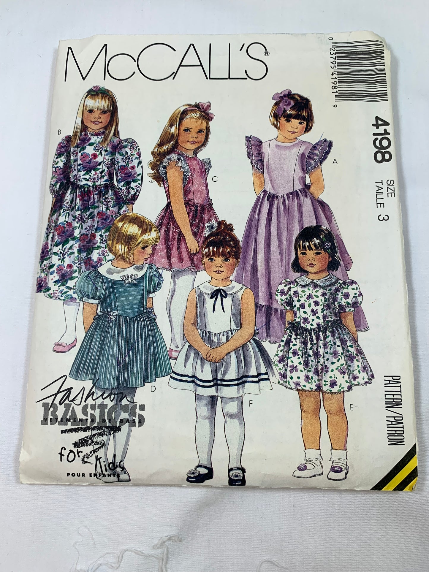 McCall's Sewing Pattern 4198 Girls' Dresses, Gown, Button Back, Long/Short Puff Sleeves, Three Lengths, Tie Belt, Full Tiered Skirts, Elastic Waist, Size 3, Cut, Vintage 1989