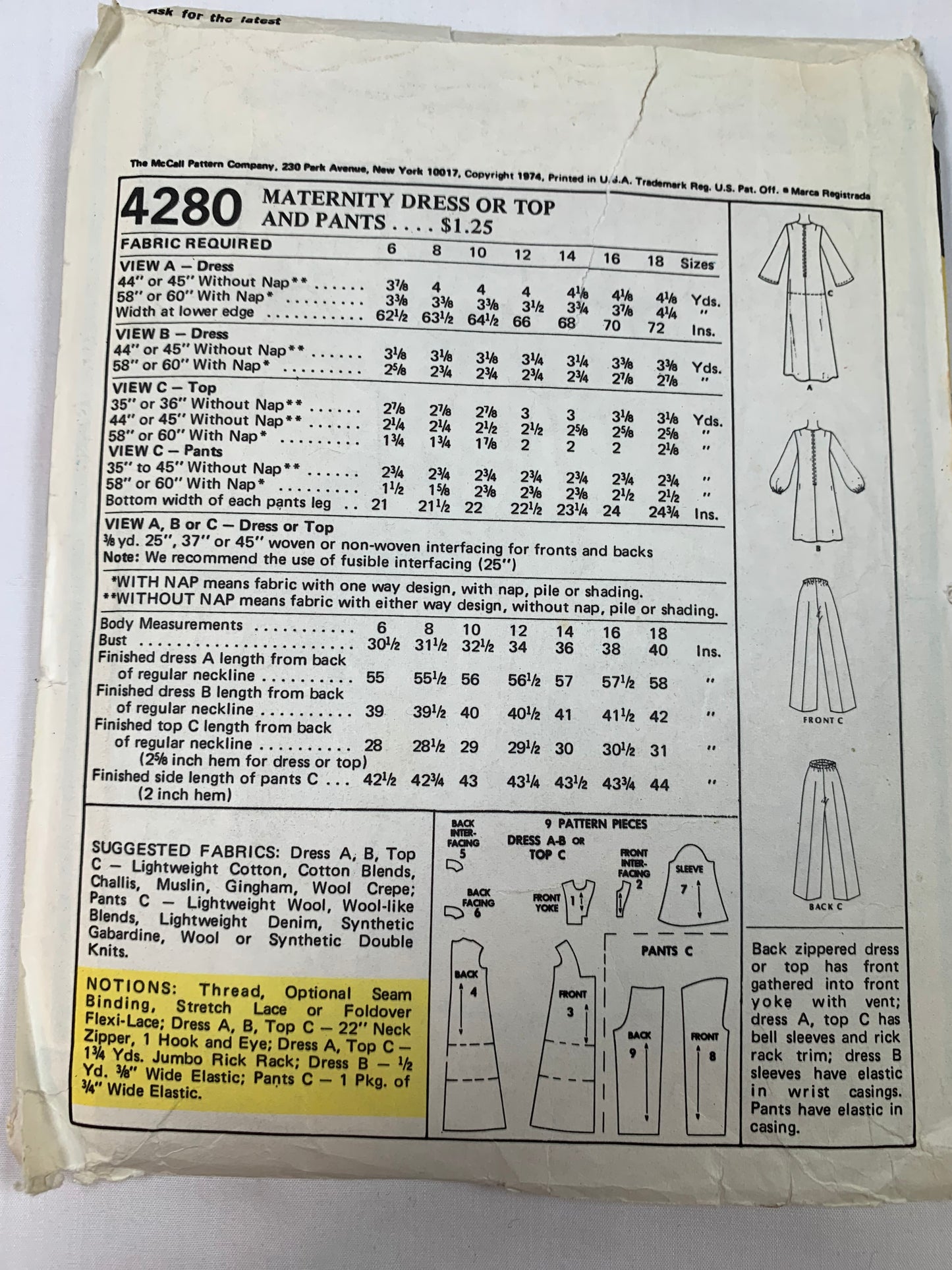 McCall's Sewing Pattern 4280 Misses' Maternity Dress, Top, Pants, Long Sleeves, Zipper Back, Elastic Waist, Loose-Fitting, Size 18, Cut, Vintage 1974