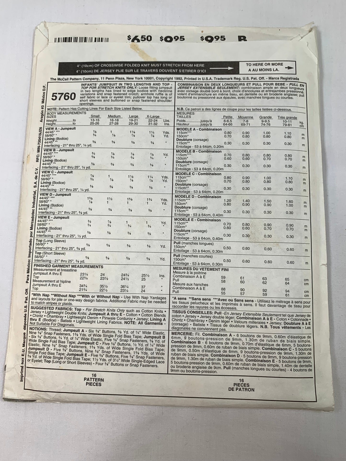 McCall's Sewing Pattern 5760 Infants' Jumpsuit, Shirt, Button Front, Snap Crotch, Sleeveless, Short Sleeves, Two Lengths, Stretch Knits, Size 13-24 Pounds, Cut, Vintage 1992