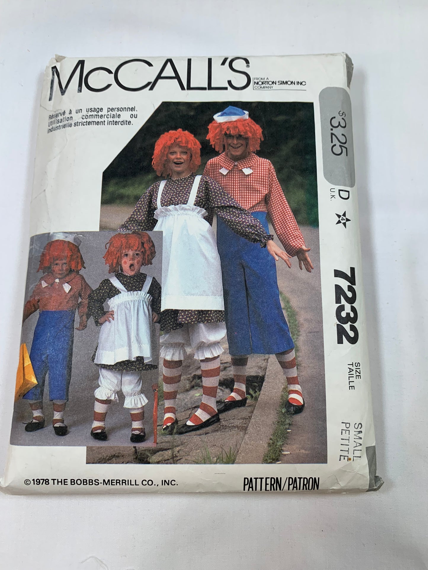 McCall's Sewing Pattern 7232 Misses'/Mens' Raggedy Ann & Andy Costume, Pullover, Apron, Rick Rack, Jumpsuit, Collar, Zipper Front, Size 32-34, Cut, Vintage 1978