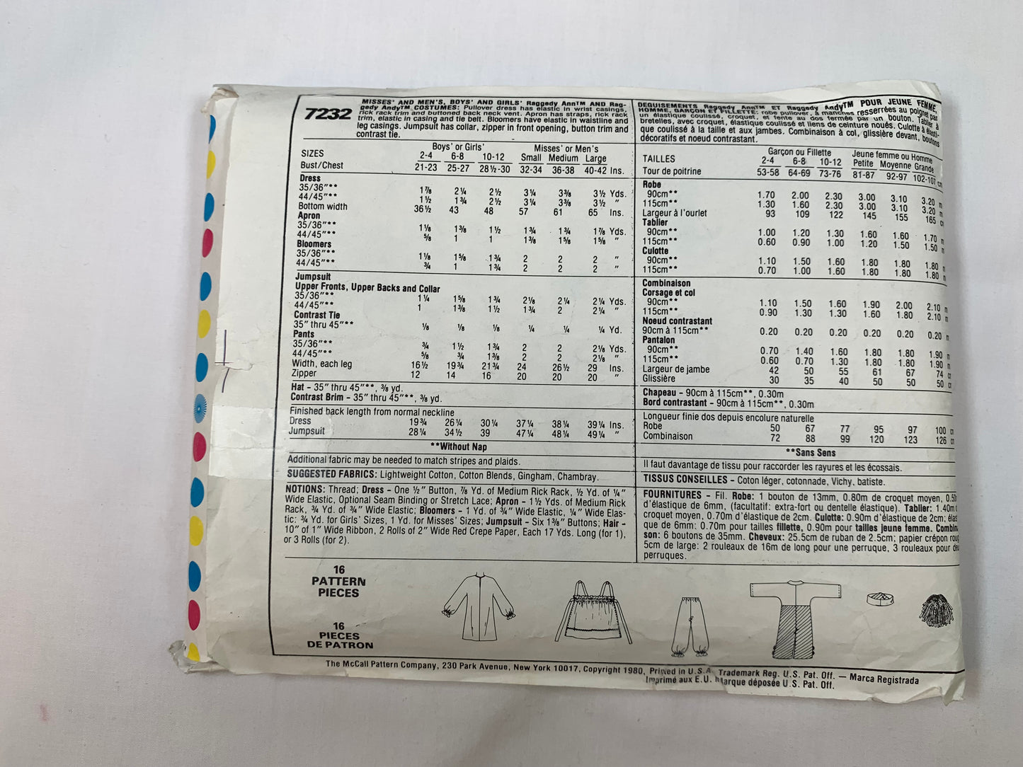 McCall's Sewing Pattern 7232 Misses'/Mens' Raggedy Ann & Andy Costume, Pullover, Apron, Rick Rack, Jumpsuit, Collar, Zipper Front, Size 32-34, Cut, Vintage 1978