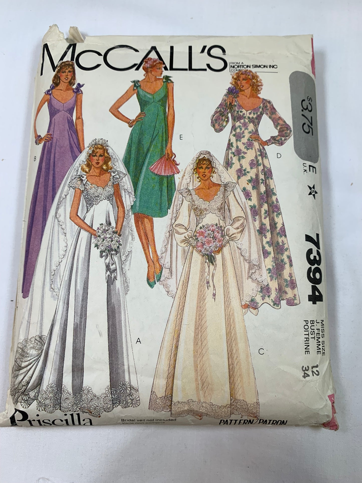 McCall's Sewing Pattern Priscilla 7394 Misses' Wedding Dresses, Bridal/Bridesmaid Gowns, |High Waisted, Ruffles, Zipper Back, Size 12, Uncut, Vintage  1981