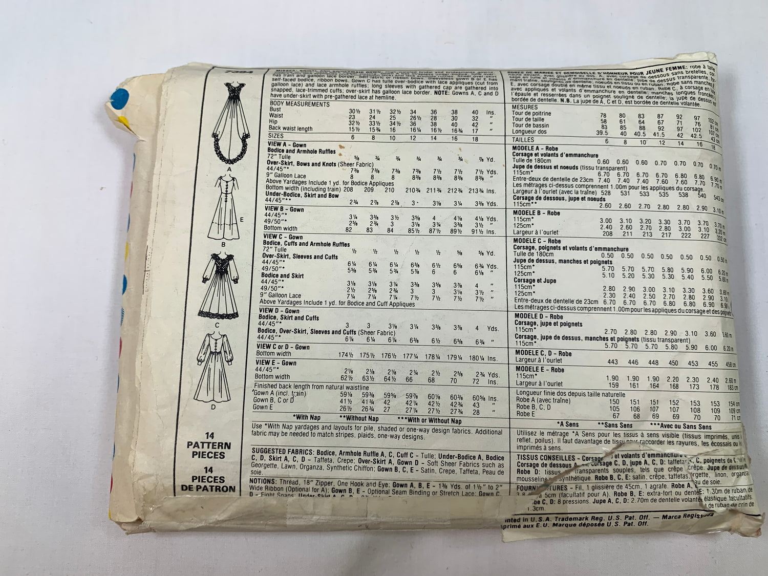 McCall's Sewing Pattern Priscilla 7394 Misses' Wedding Dresses, Bridal/Bridesmaid Gowns, |High Waisted, Ruffles, Zipper Back, Size 12, Uncut, Vintage 1981
