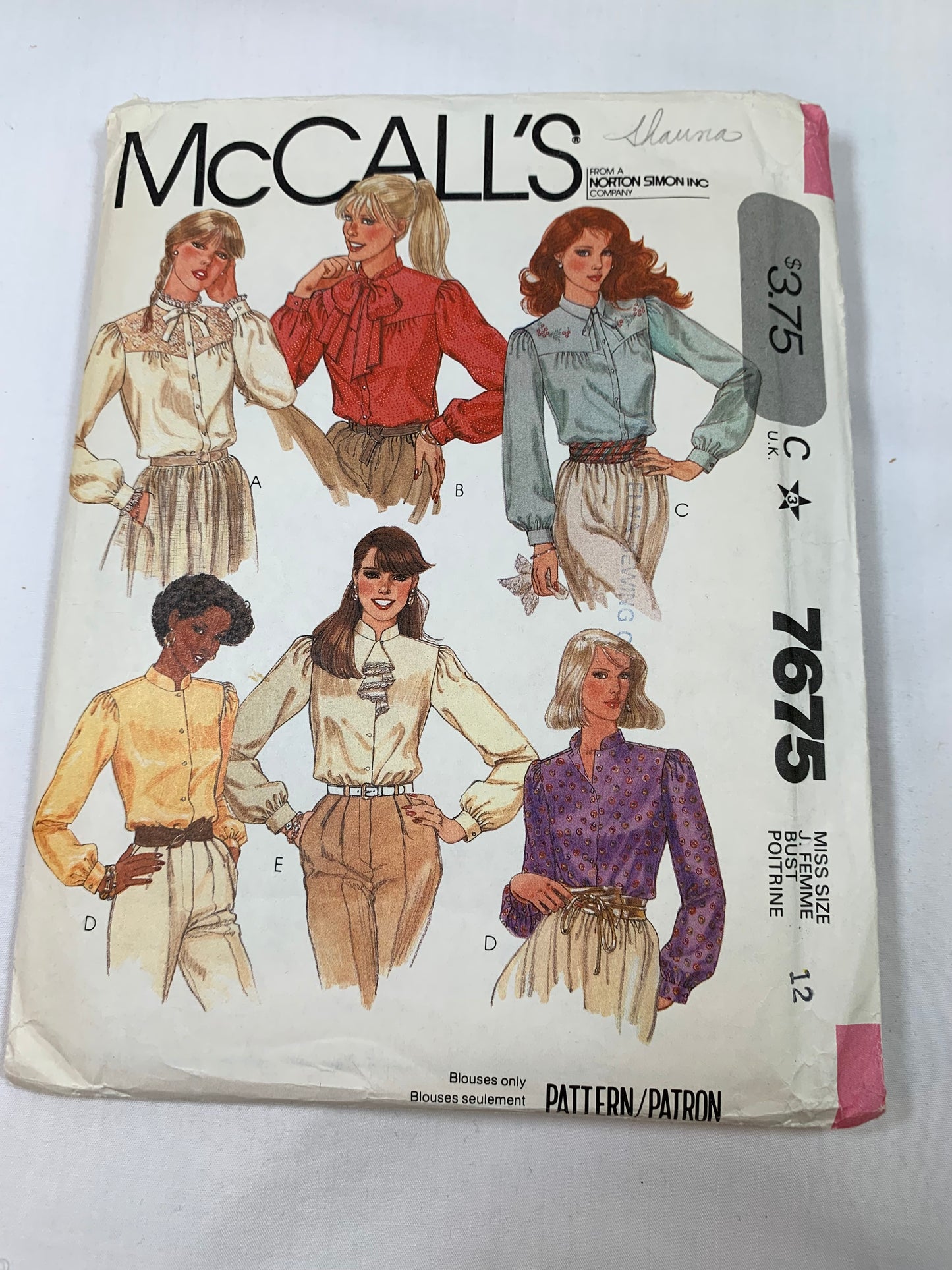 McCall's Sewing Pattern 7675 Misses' Blouse, Long Sleeves, Shirts, Collar, Button Front, Cuffs, Size 12, Cut, Vintage 1981