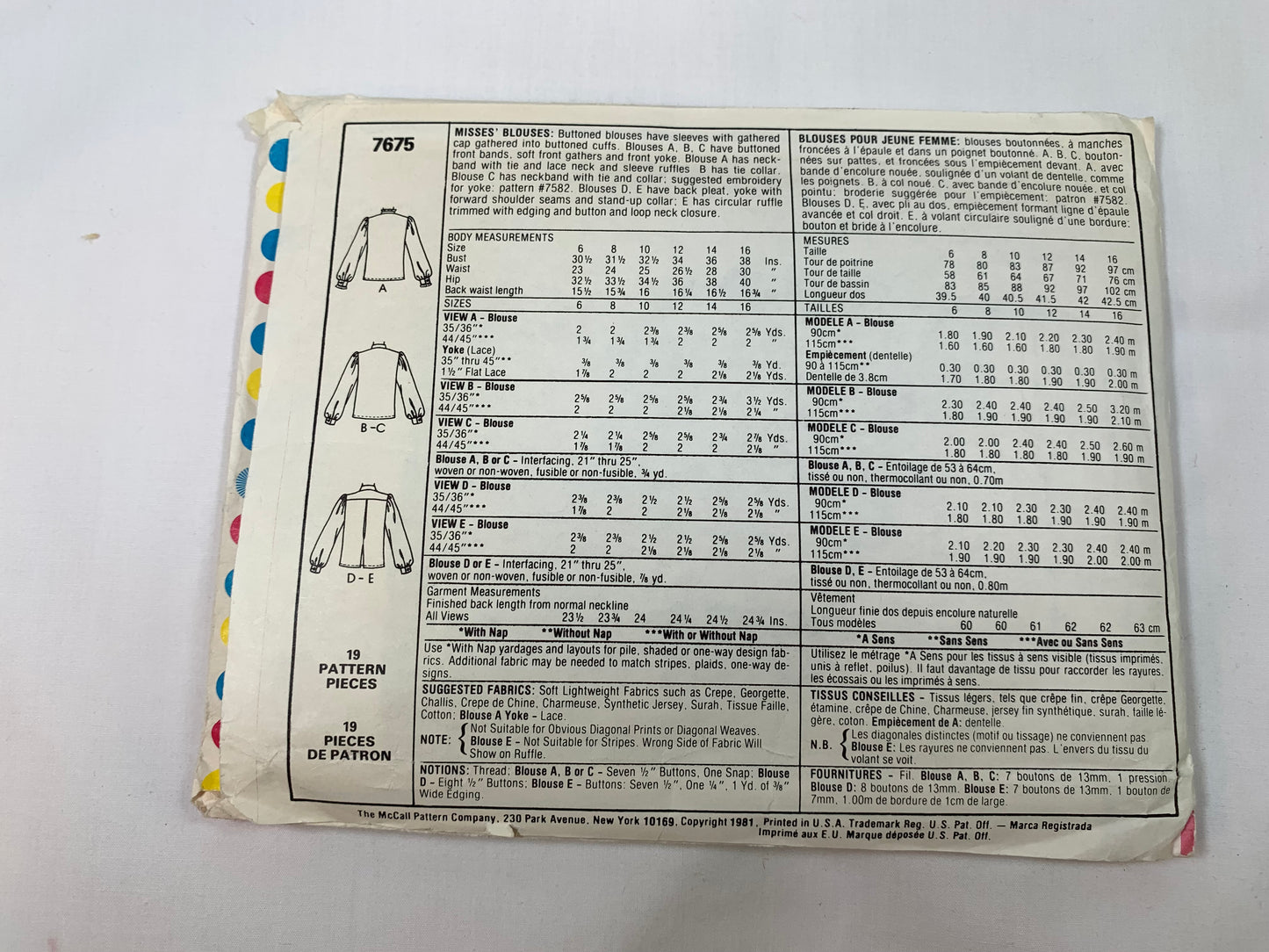 McCall's Sewing Pattern 7675 Misses' Blouse, Long Sleeves, Shirts, Collar, Button Front, Cuffs, Size 12, Cut, Vintage 1981