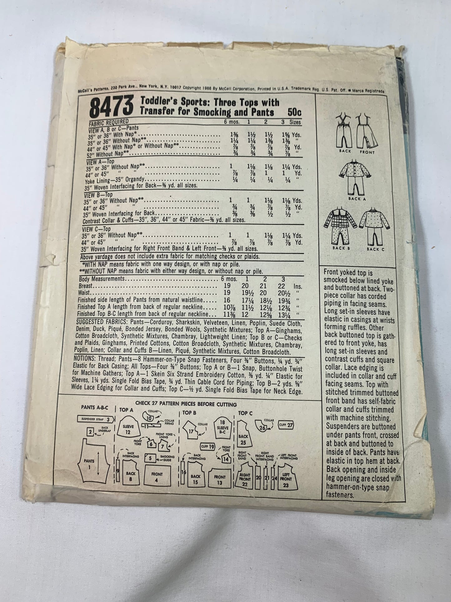 McCall's Sewing Pattern 8473 Girls'/Infants' Top, Pants, Pull-On, Button Front, Elastic Waist, Smocking Transfer, Snap Crotch, Size 6 mths, Cut, Vintage 1968