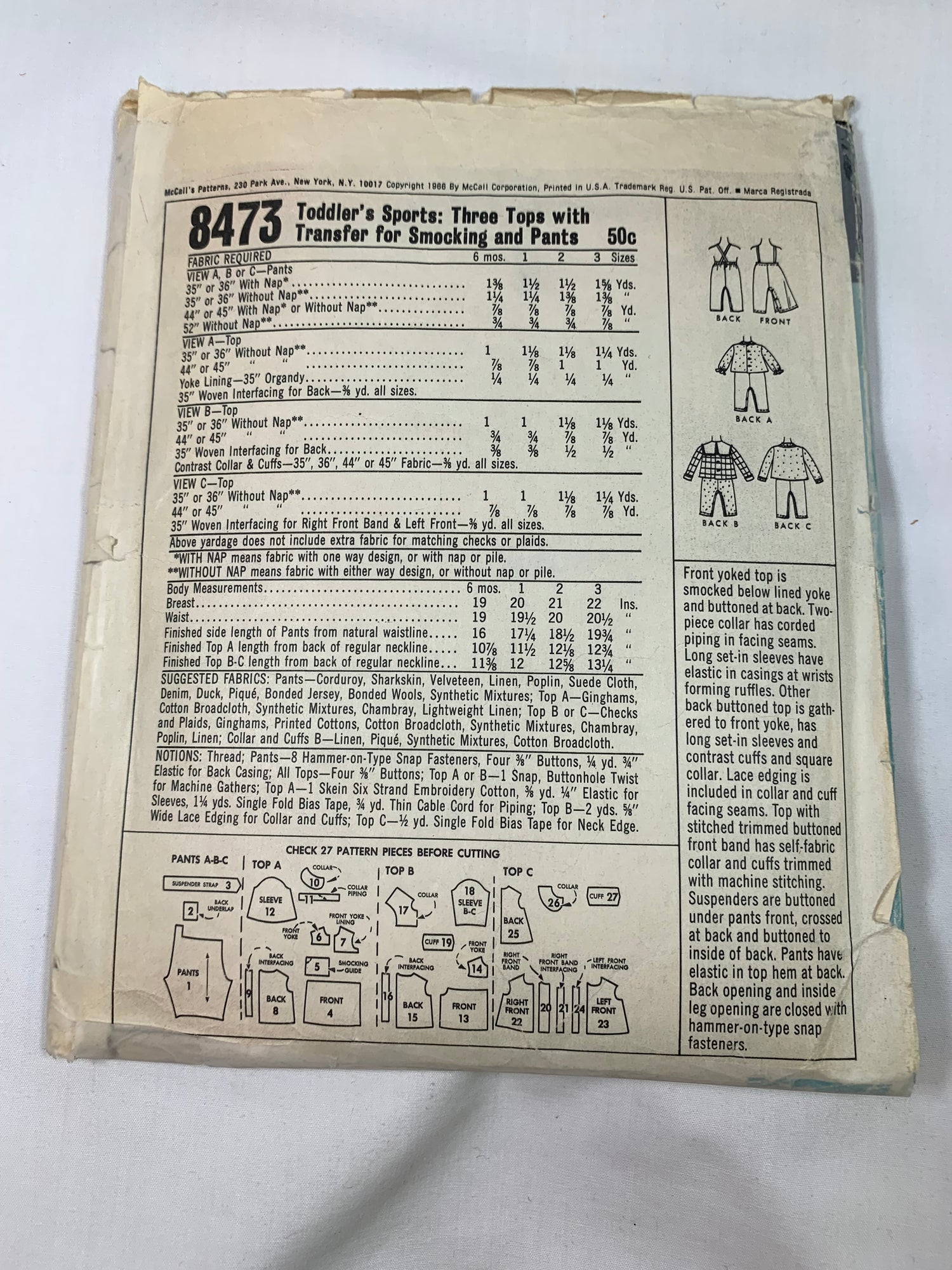 McCall's Sewing Pattern 8473 Girls'/Infants' Top, Pants, Pull-On, Button Front, Elastic Waist, Smocking Transfer, Snap Crotch, Size 6 mths, Cut, Vintage 1968