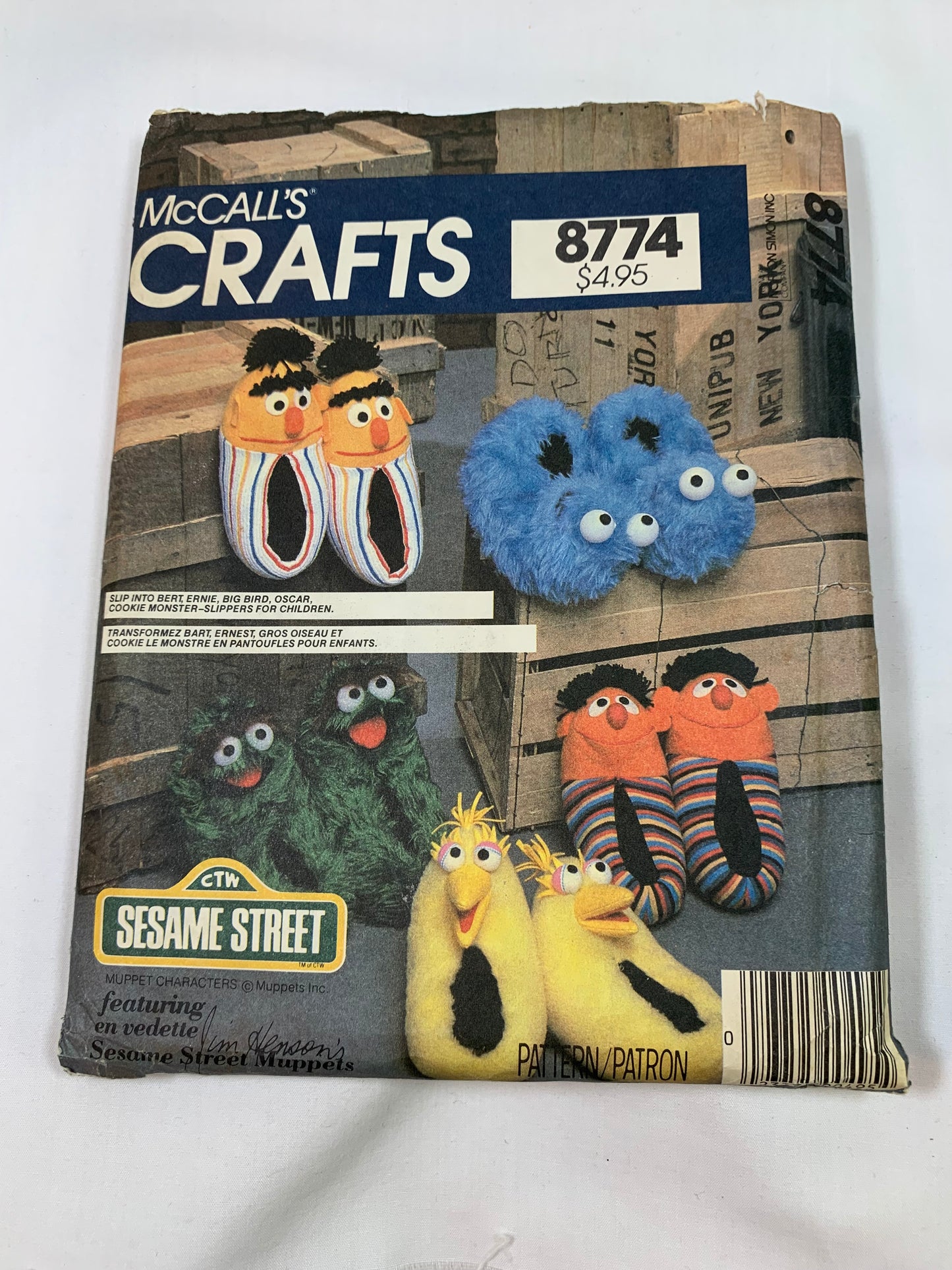 McCall's Sewing Pattern 8774 Crafts, Children's/Boys'/Girls' Slippers, Cookie Monster, Ernie, Bert, Big Bird, Oscar, Size 8-3 (S-L) Cut, Vintage 1989