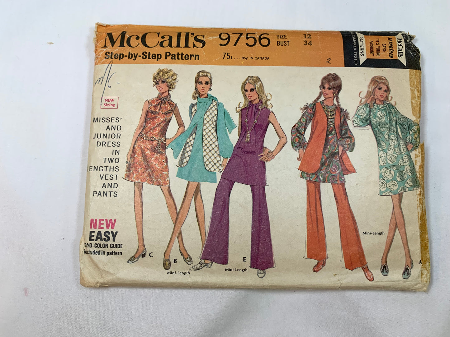 McCall's Sewing Pattern 9756 Misses'/Junior Dresses, Vest, Pants, Two Lengths, Scarf, Elastic Waist, Zipper Back, Size 12, Cut, Vintage 1969