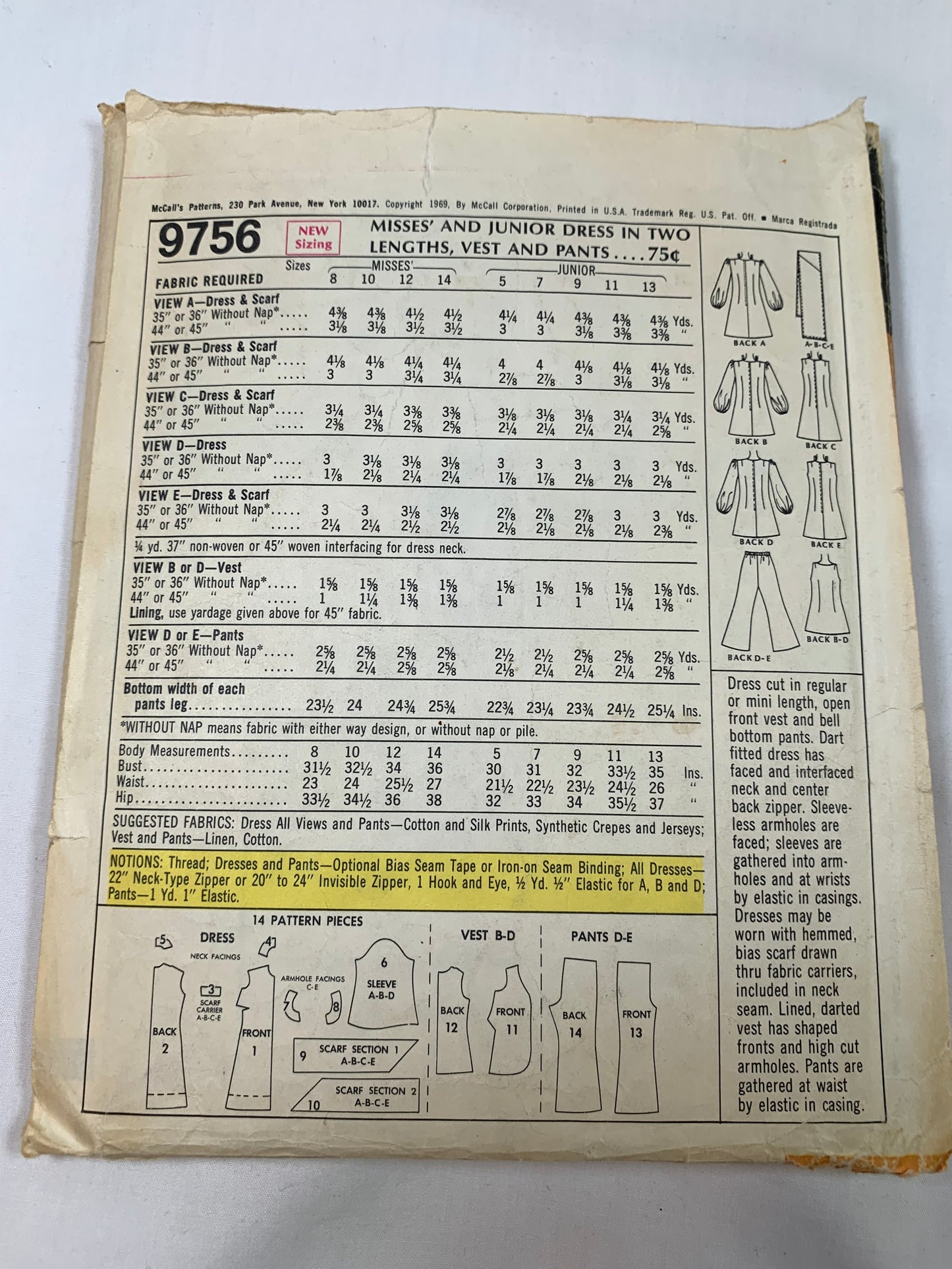 McCall's Sewing Pattern 9756 Misses'/Junior Dresses, Vest, Pants, Two Lengths, Scarf, Elastic Waist, Zipper Back, Size 12, Cut, Vintage 1969