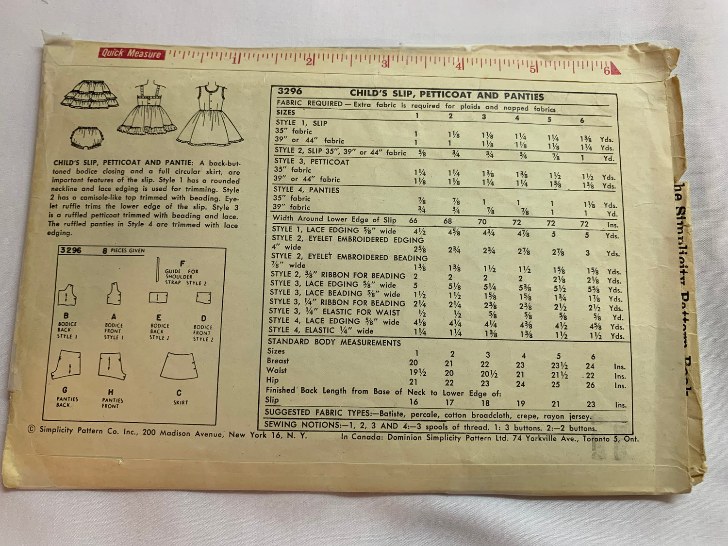 Simplicity Sewing Pattern 3296 Girls'/Child's Slip, Petticoat, Pantie, Button Back, Round Neckline, Ruffle, Tiers, Size 2, Cut, Vintage 1950