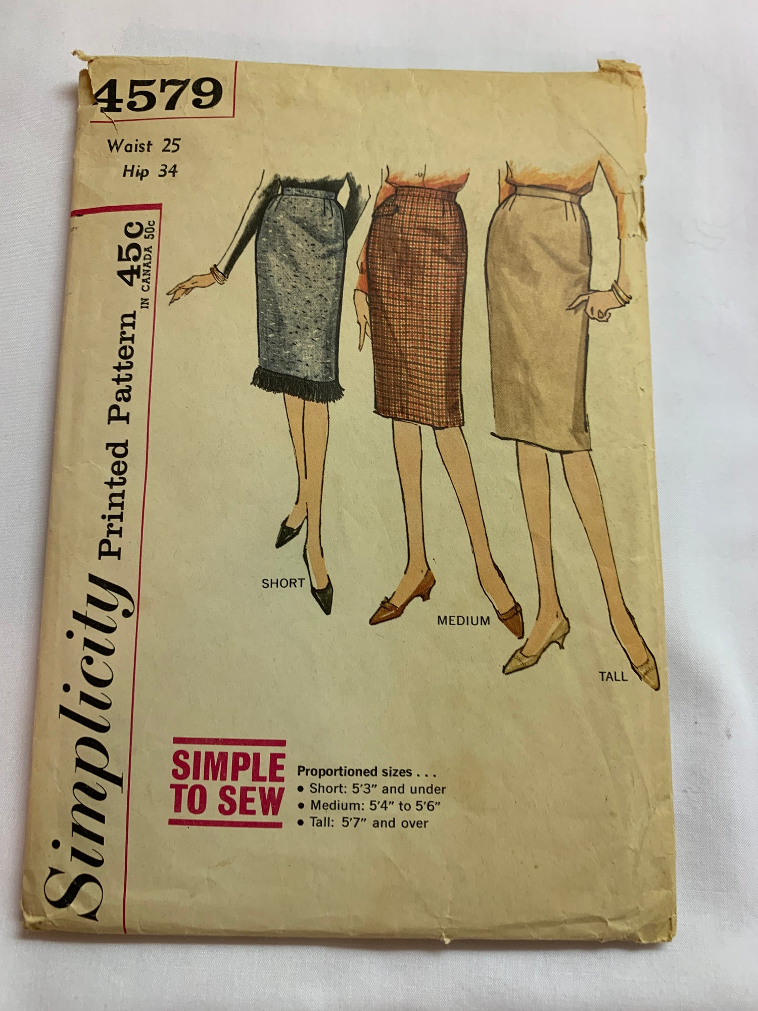 Simplicity Sewing Pattern 4579 Misses' Skirt, Zipper Back, 3 Variations, 3 Lengths, Zipper Closing, Back Slit, Size Waist 25", Cut, Vintage 1950