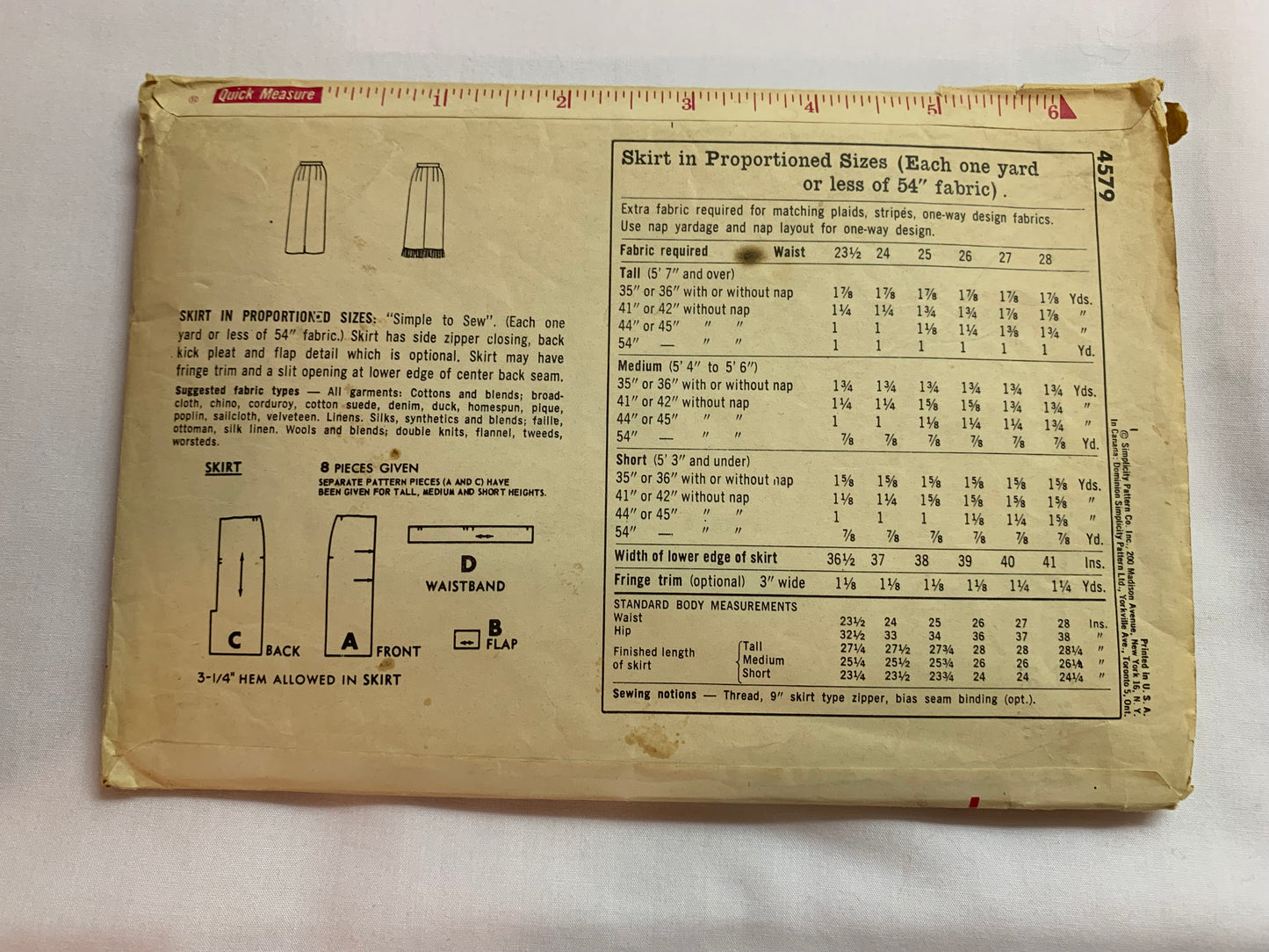 Simplicity Sewing Pattern 4579 Misses' Skirt, Zipper Back, 3 Variations, 3 Lengths, Zipper Closing, Back Slit, Size Waist 25", Cut, Vintage 1950