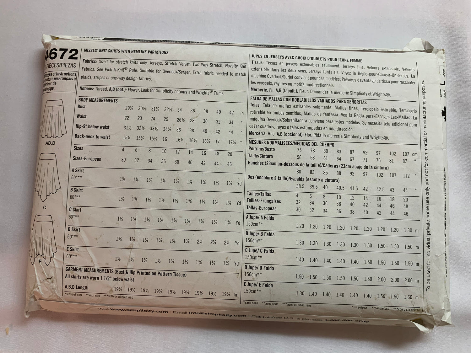 Simplicity Sewing Pattern 4672 Misses' Knit Skirts, 5 Variations, Pull-On, Size 4-10, Cut, 2005